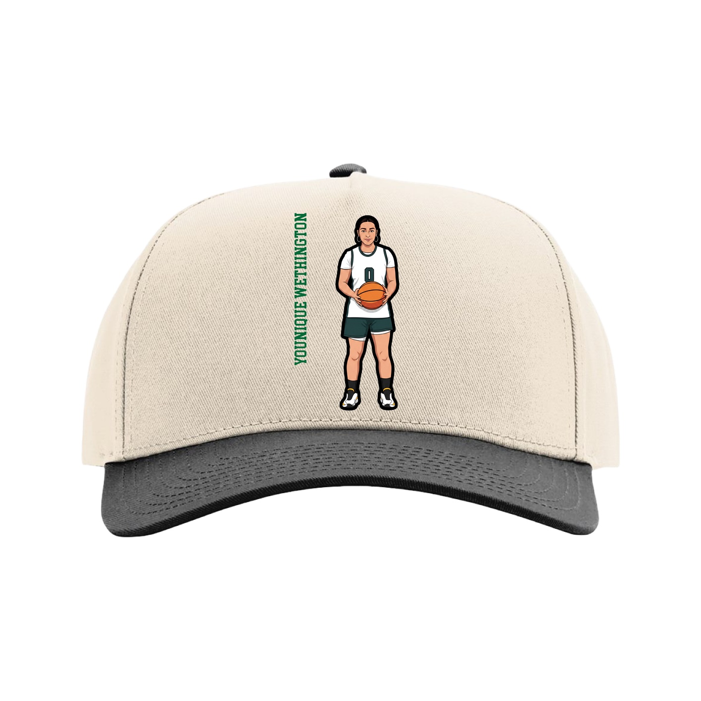 Full Fabric Five-Panel Champ Cap — Name Vertical in Cream/Black