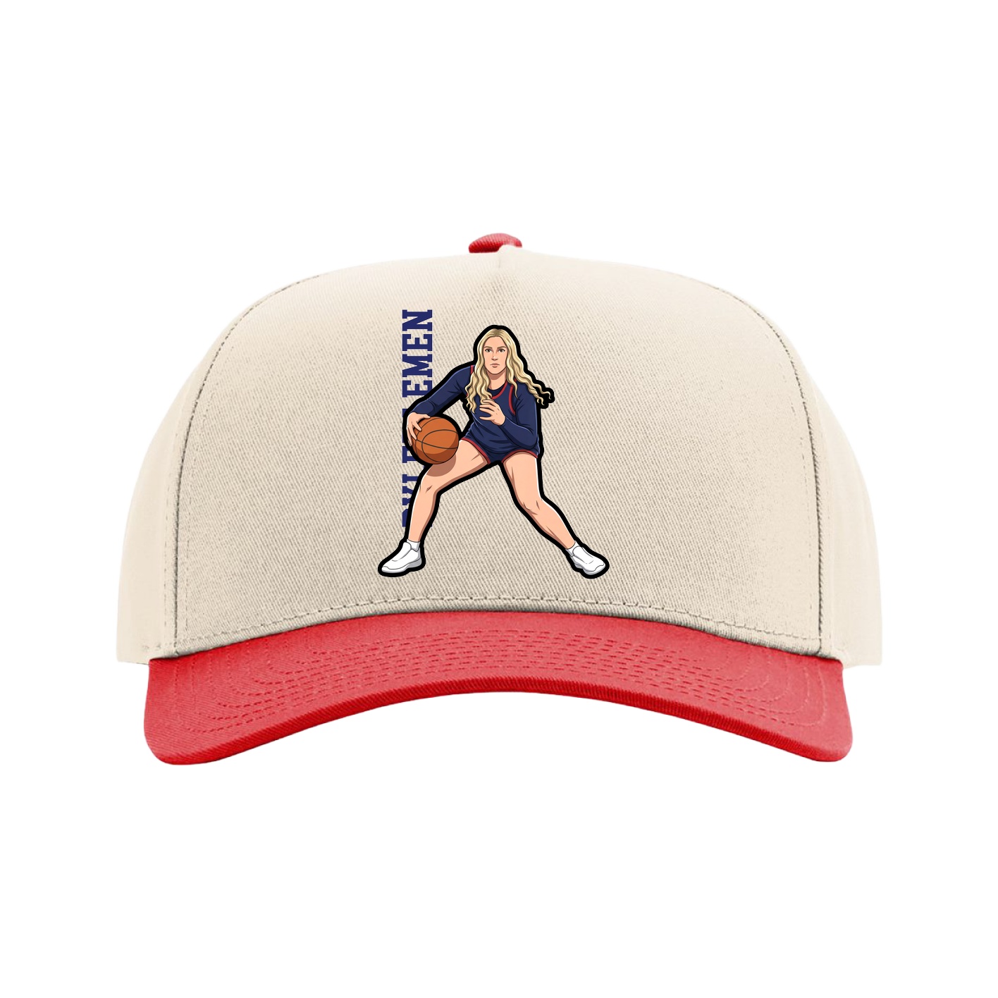 Full Fabric Five-Panel Champ Cap — Name Vertical in Cream/Red