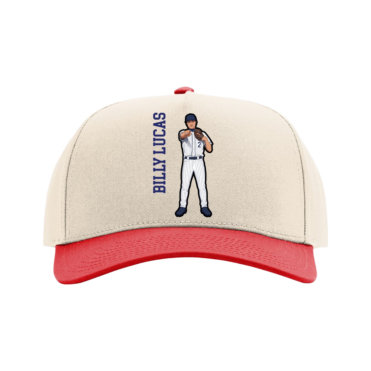 Full Fabric Five-Panel Champ Cap — Name Vertical in Cream/Red