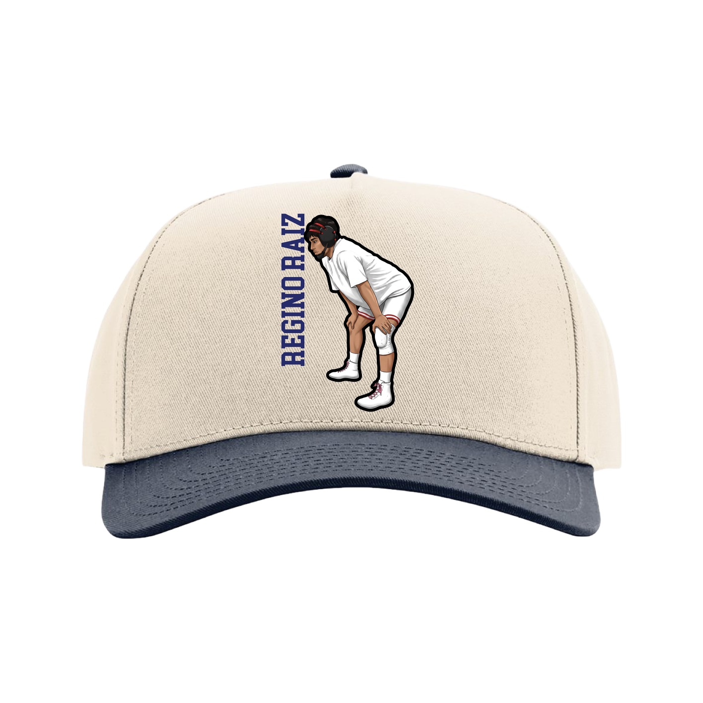 Full Fabric Five-Panel Champ Cap — Name Vertical in Cream/Navy