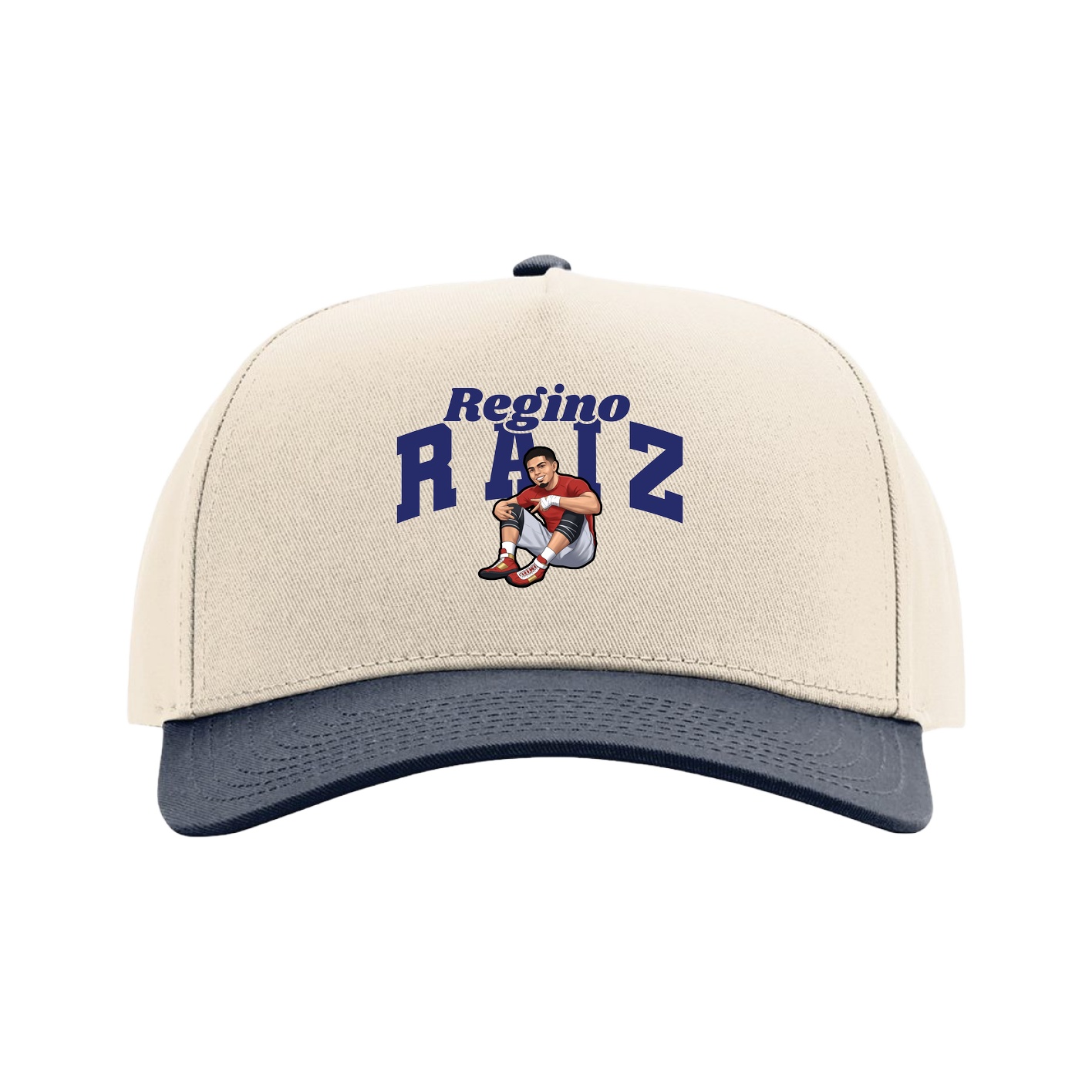 Full Fabric Five-Panel Champ Cap — Signature Arch in Cream/Navy