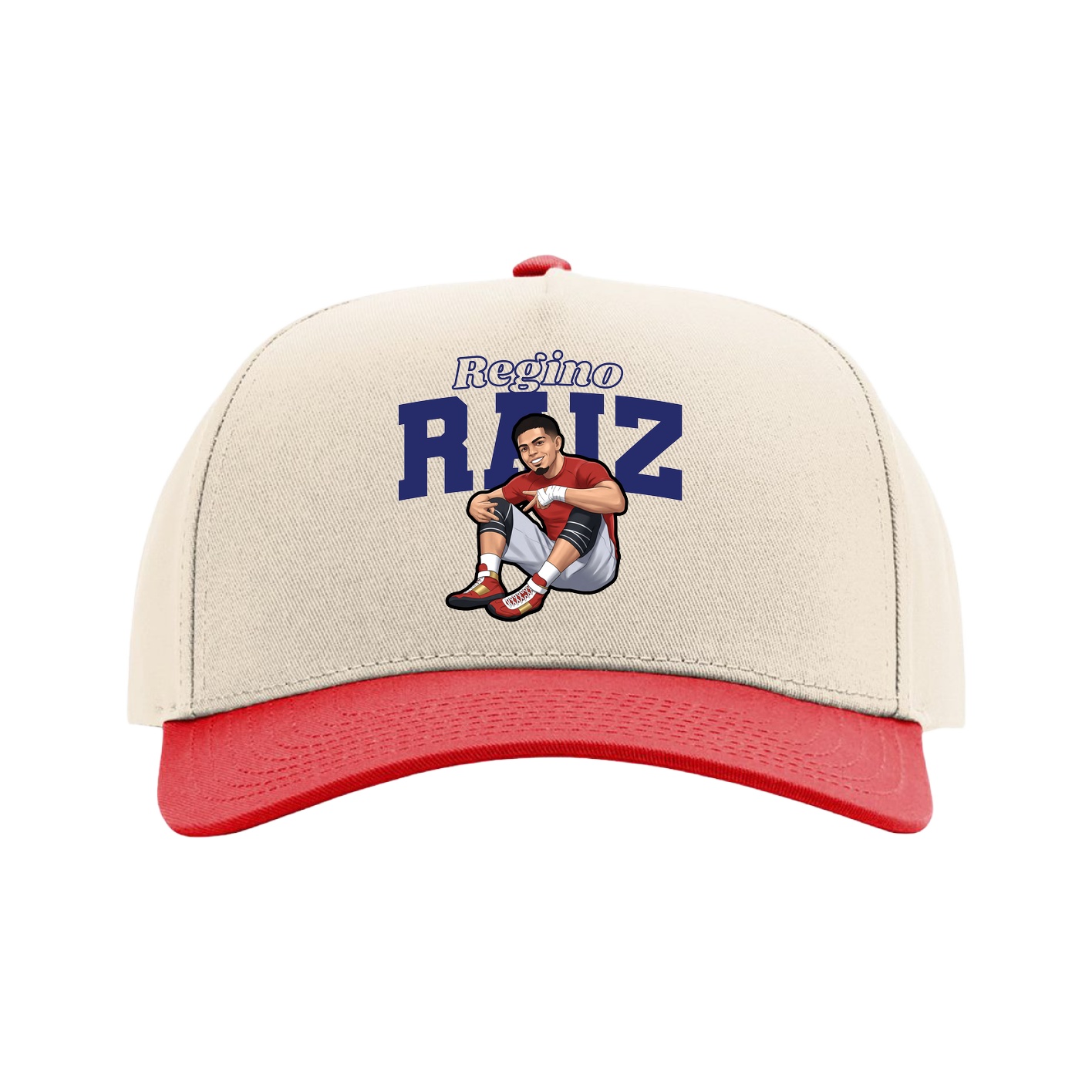 Full Fabric Five-Panel Champ Cap — Name Arch in Cream/Red