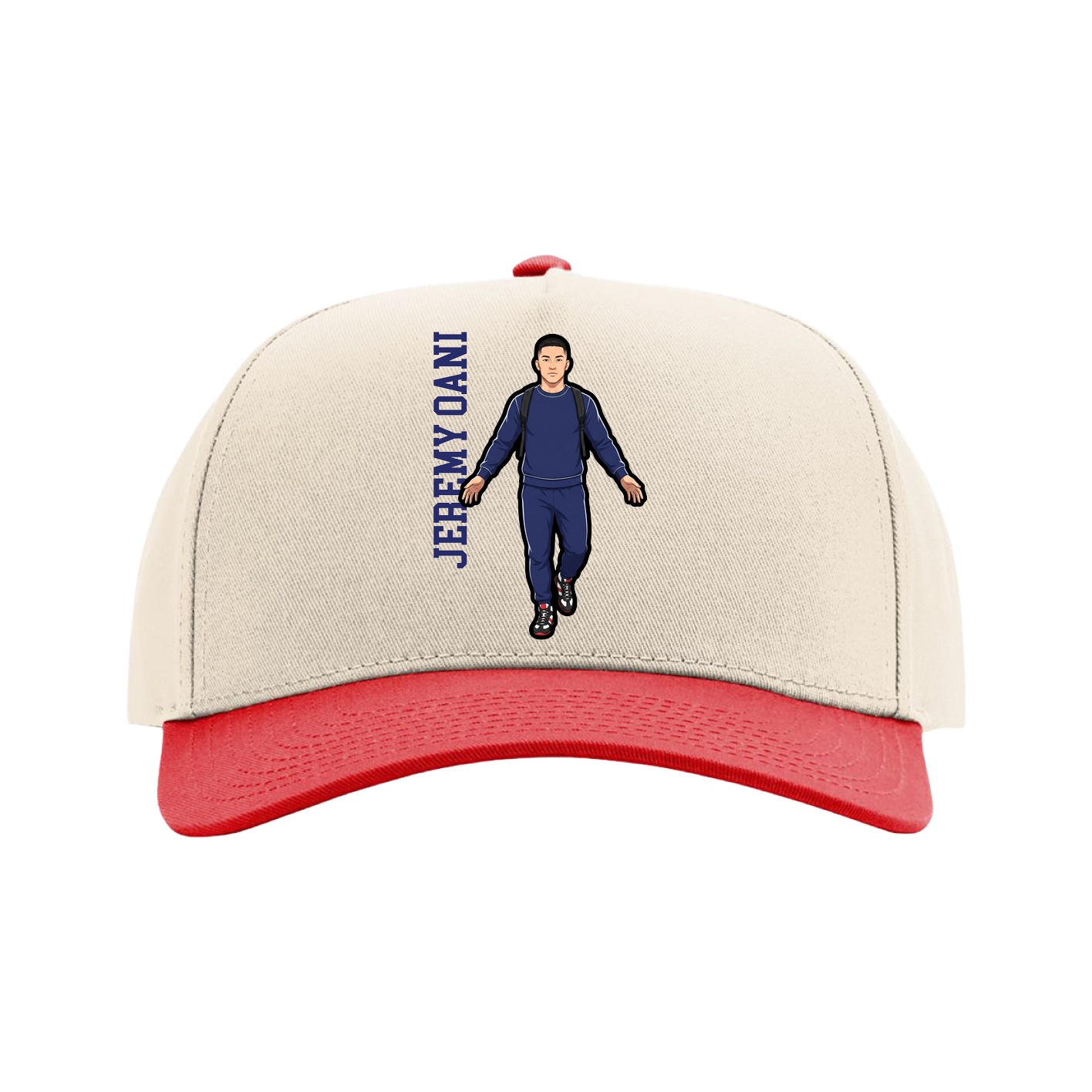 Full Fabric Five-Panel Champ Cap — Name Vertical in Cream/Red