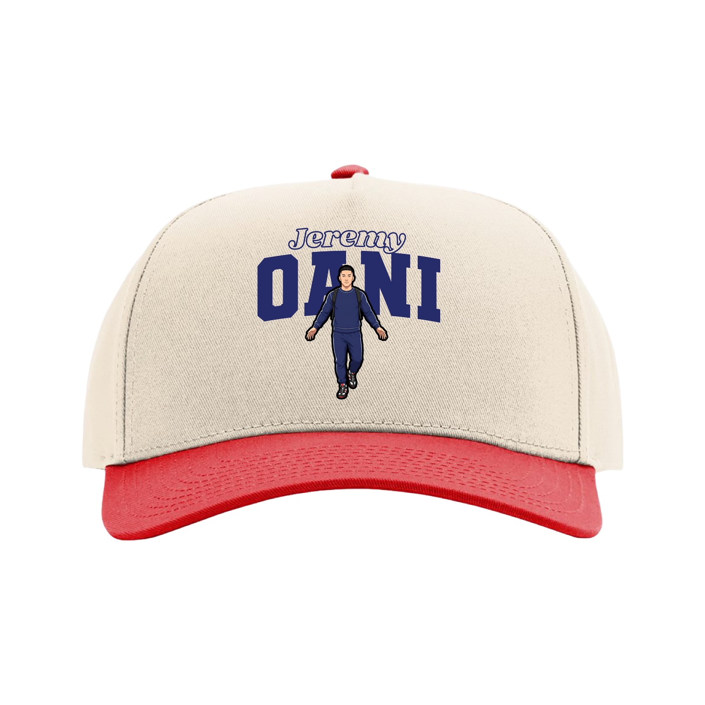 Full Fabric Five-Panel Champ Cap — Name Arch in Cream/Red