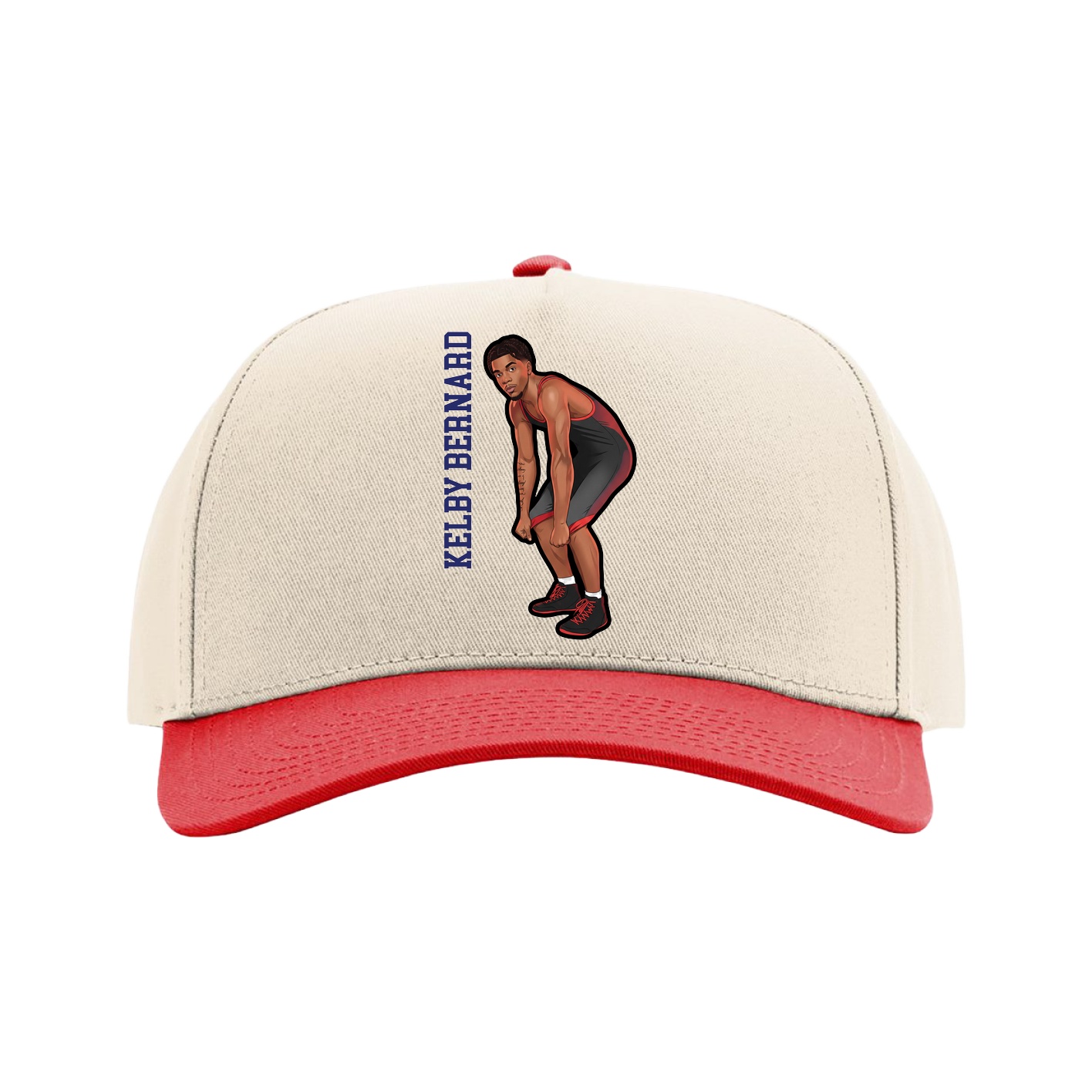 Full Fabric Five-Panel Champ Cap — Name Vertical in Cream/Red