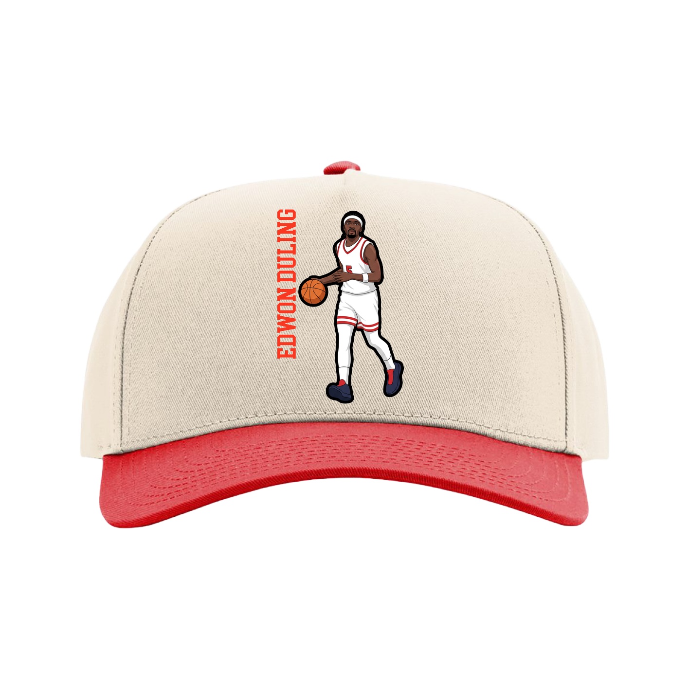 Full Fabric Five-Panel Champ Cap — Name Vertical in Cream/Red