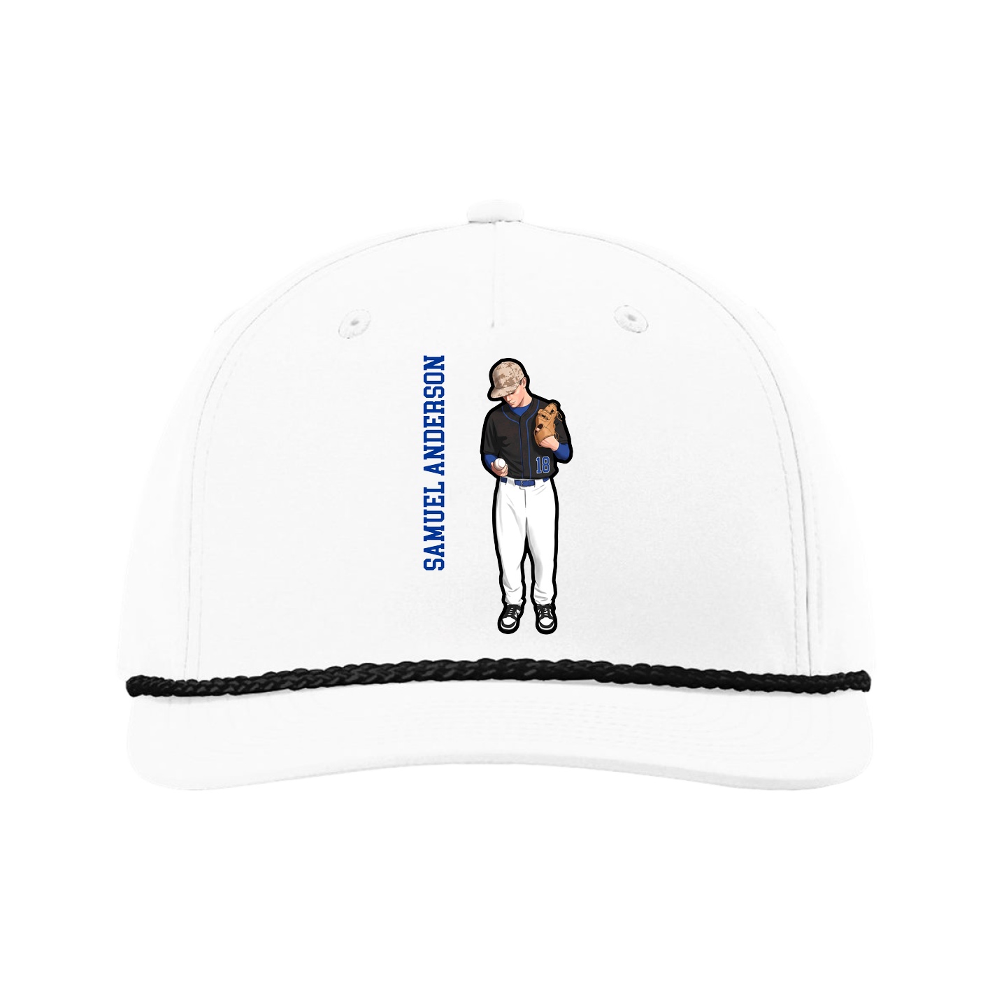 Five-Panel Classic Rope Cap — Name Vertical in White