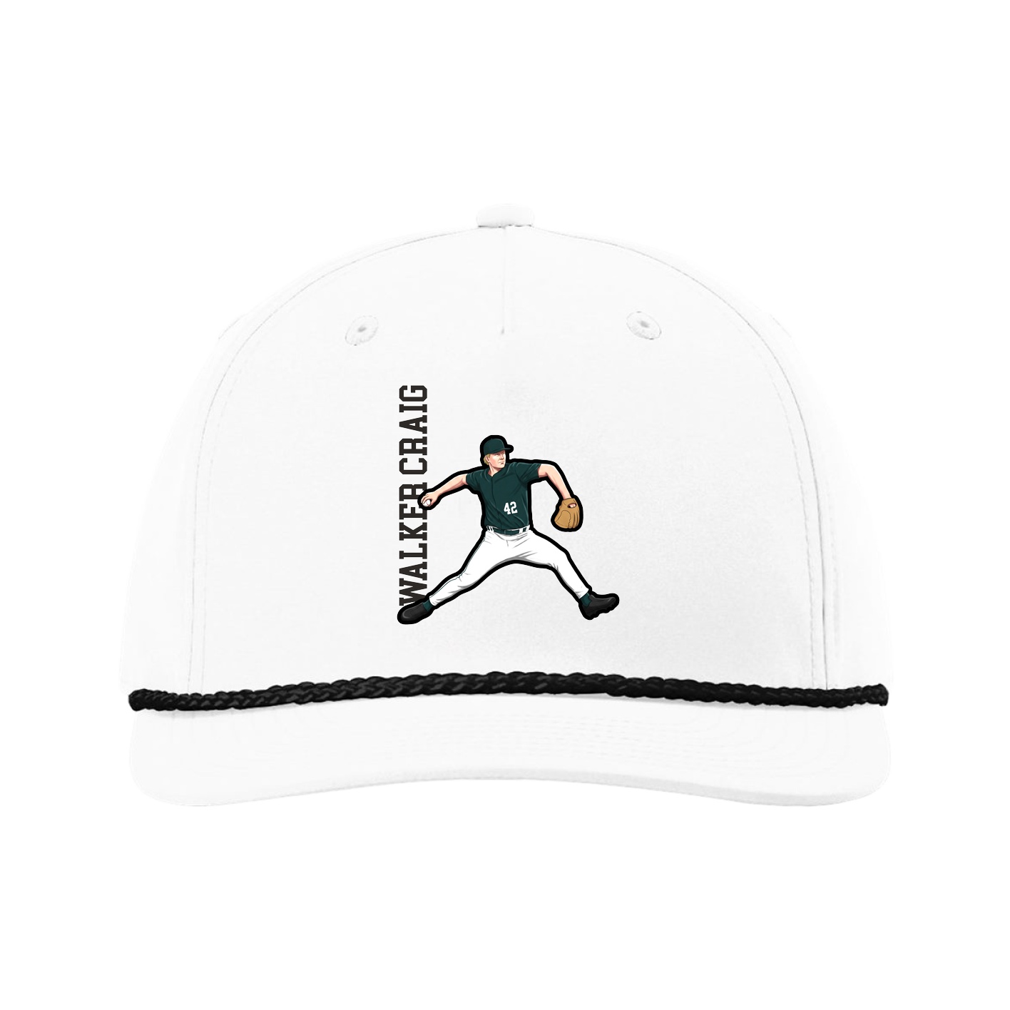 Five-Panel Classic Rope Cap — Name Vertical in White