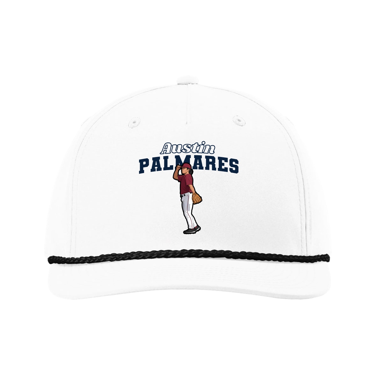 Five-Panel Classic Rope Cap — Name Arch in White
