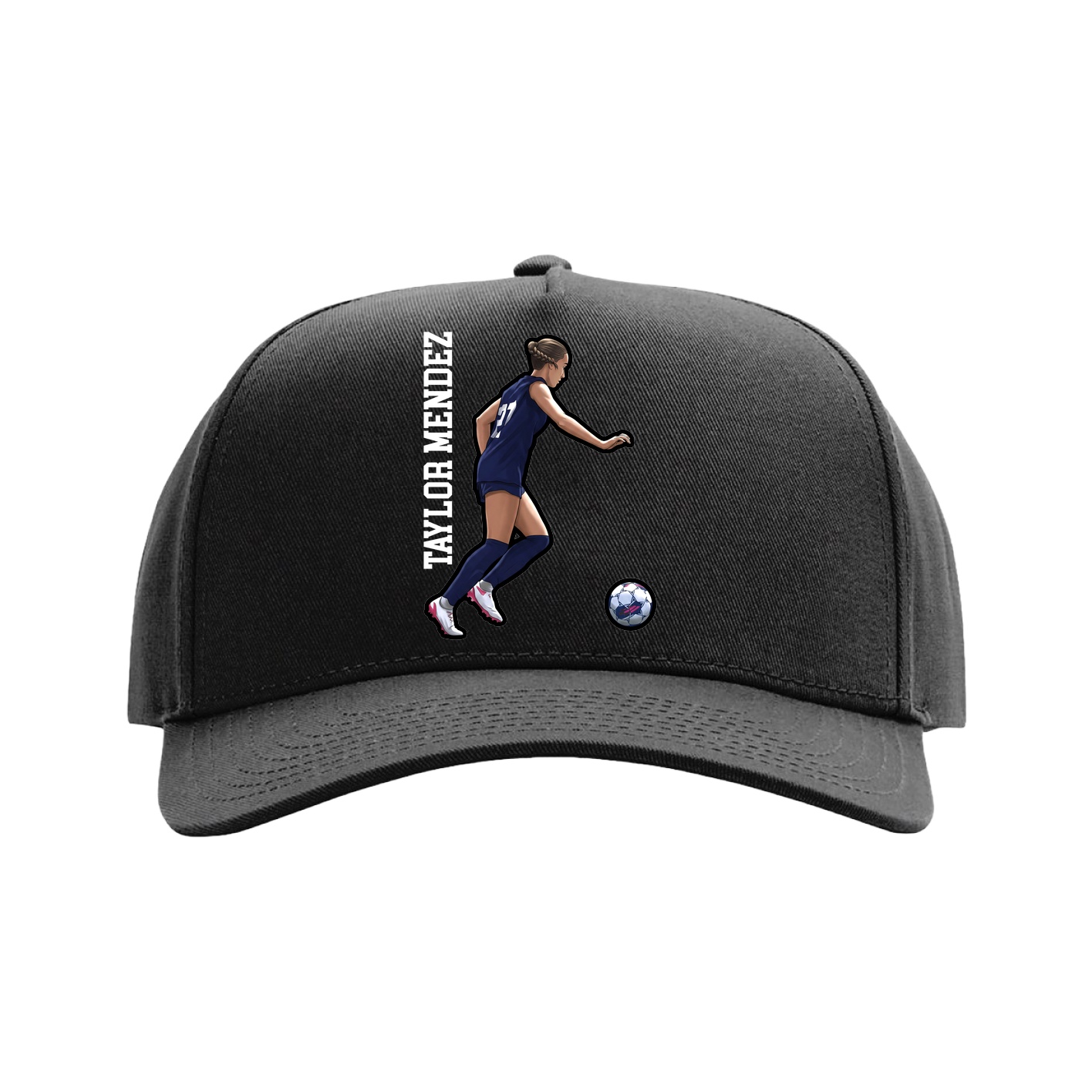 Full Fabric Five-Panel Champ Cap — Name Vertical in Black