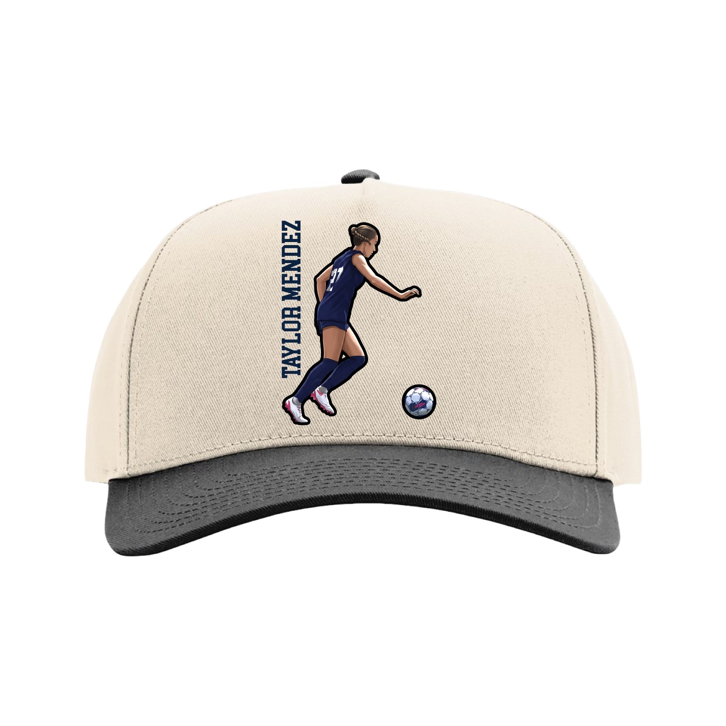 Full Fabric Five-Panel Champ Cap — Name Vertical in Cream/Black