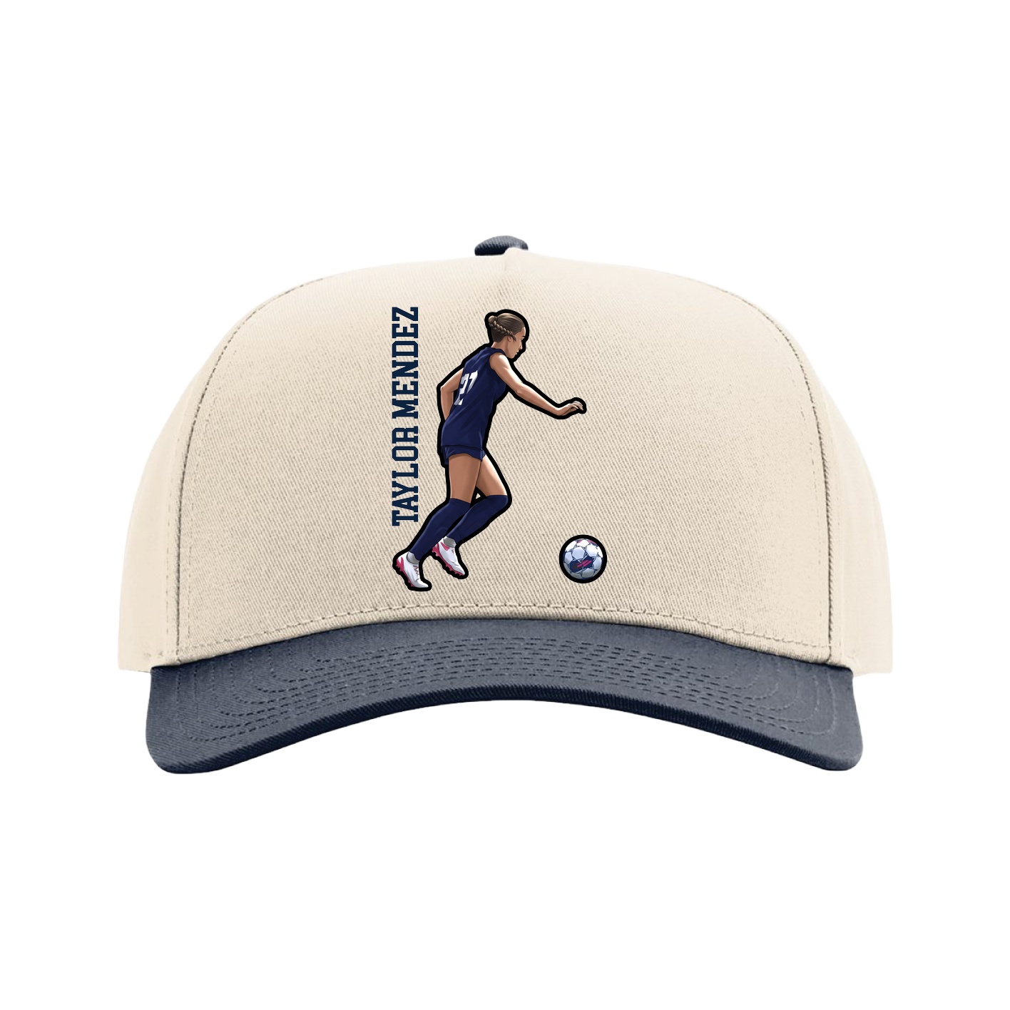 Full Fabric Five-Panel Champ Cap — Name Vertical in Cream/Navy