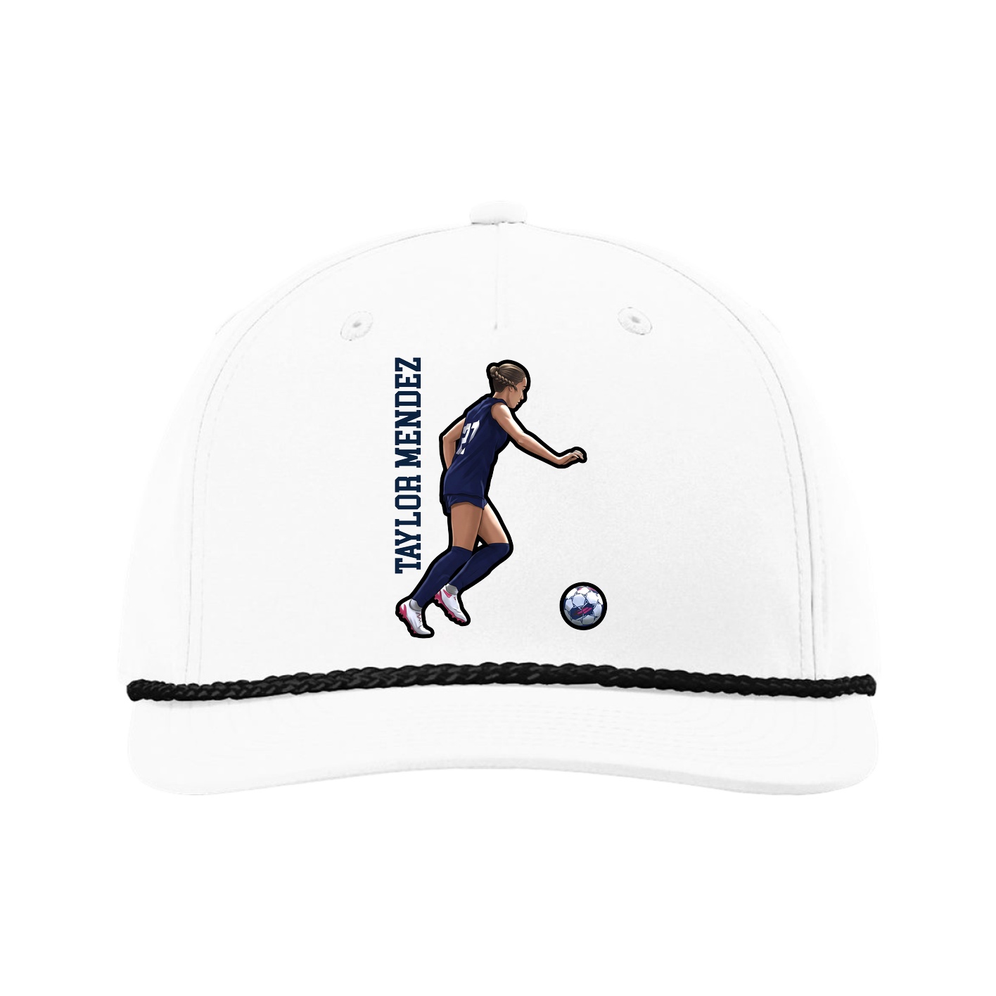 Five-Panel Classic Rope Cap — Name Vertical in White