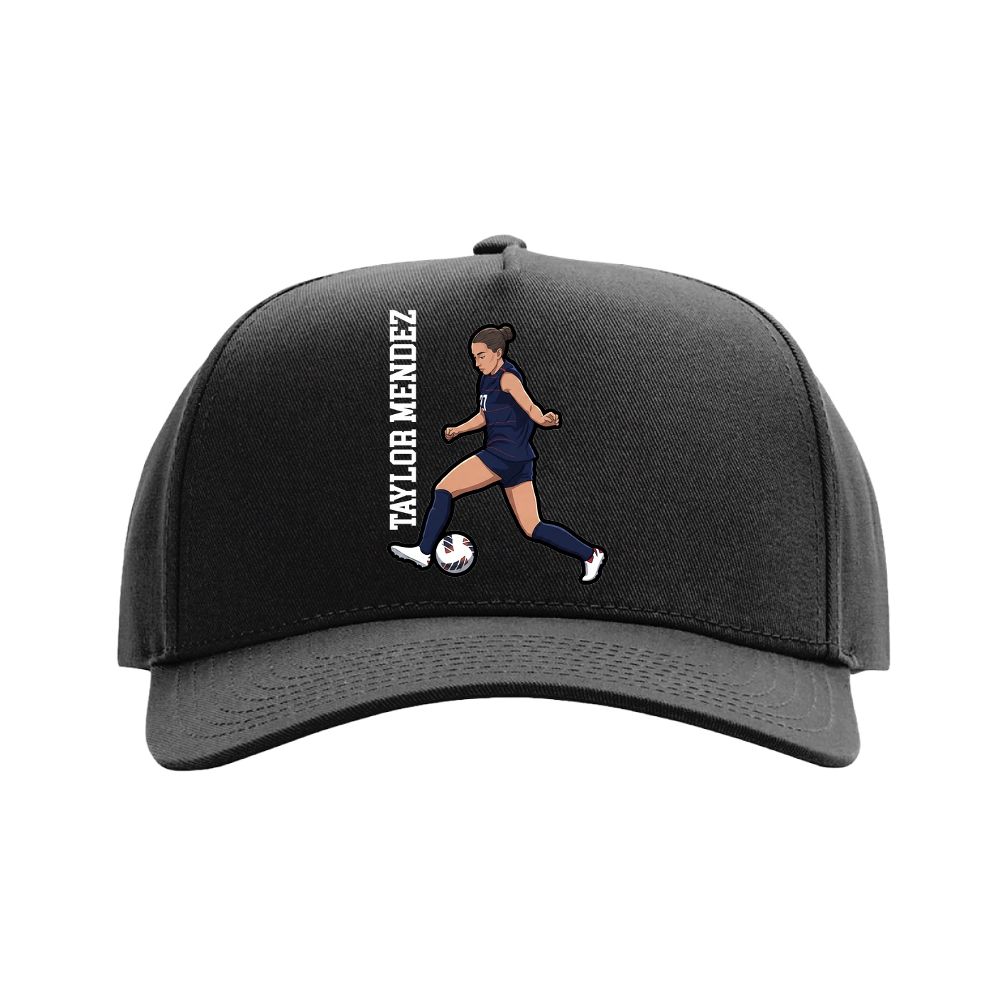 Full Fabric Five-Panel Champ Cap — Name Vertical in Black