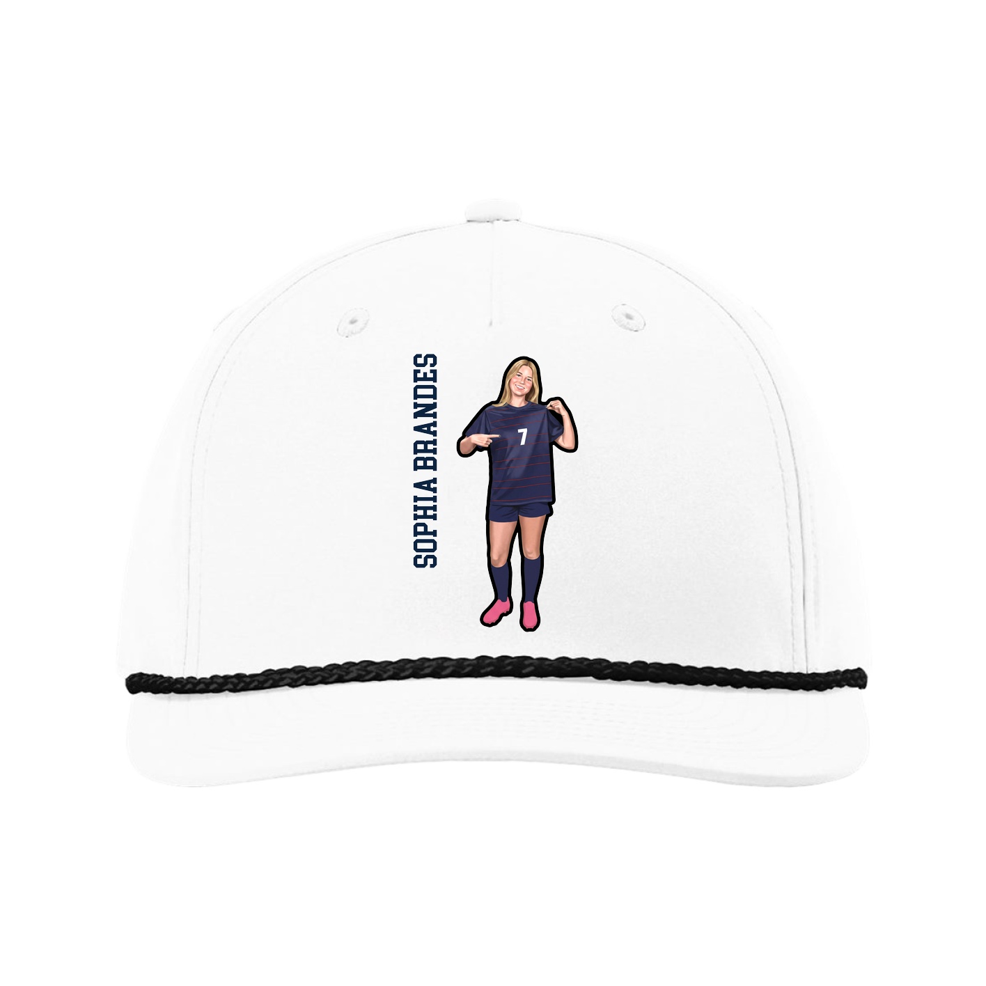 Five-Panel Classic Rope Cap — Name Vertical in White