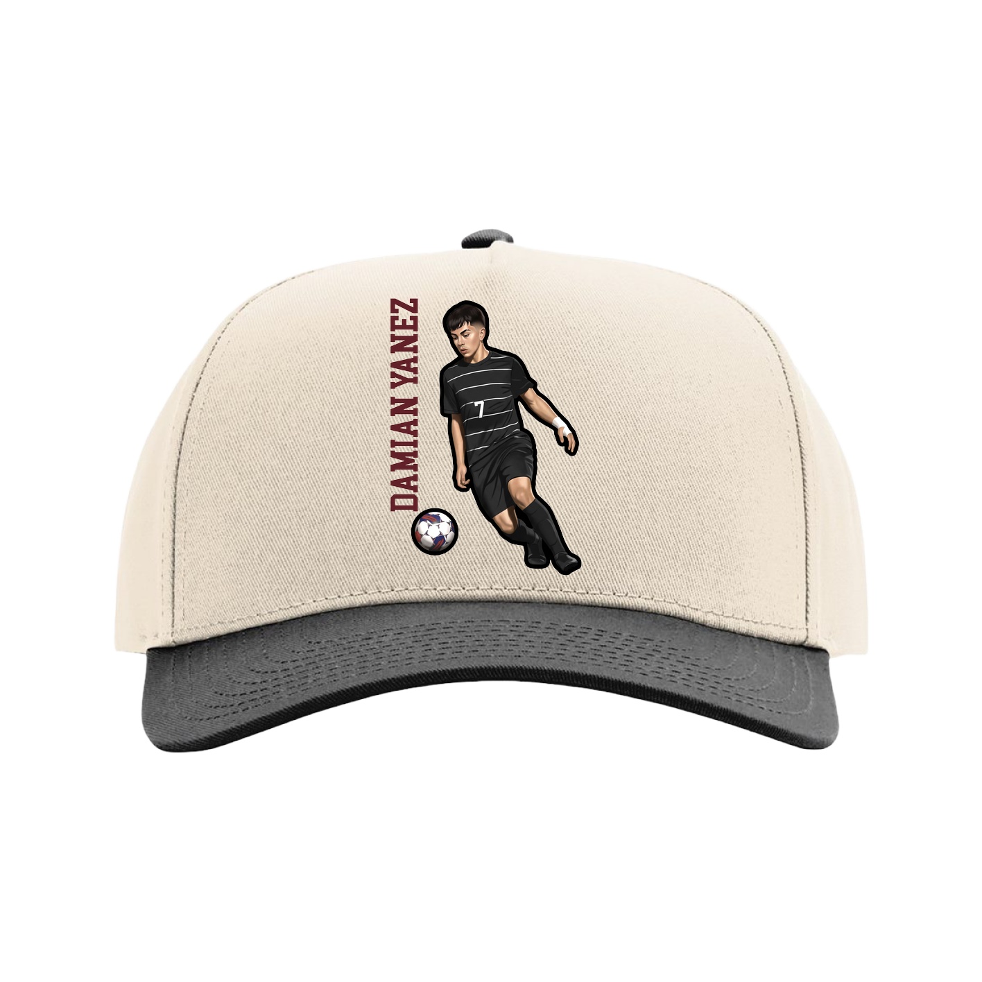 Full Fabric Five-Panel Champ Cap — Name Vertical in Cream/Black