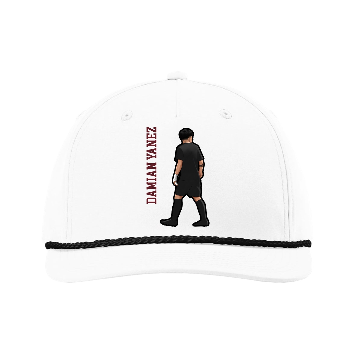 Five-Panel Classic Rope Cap — Name Vertical in White