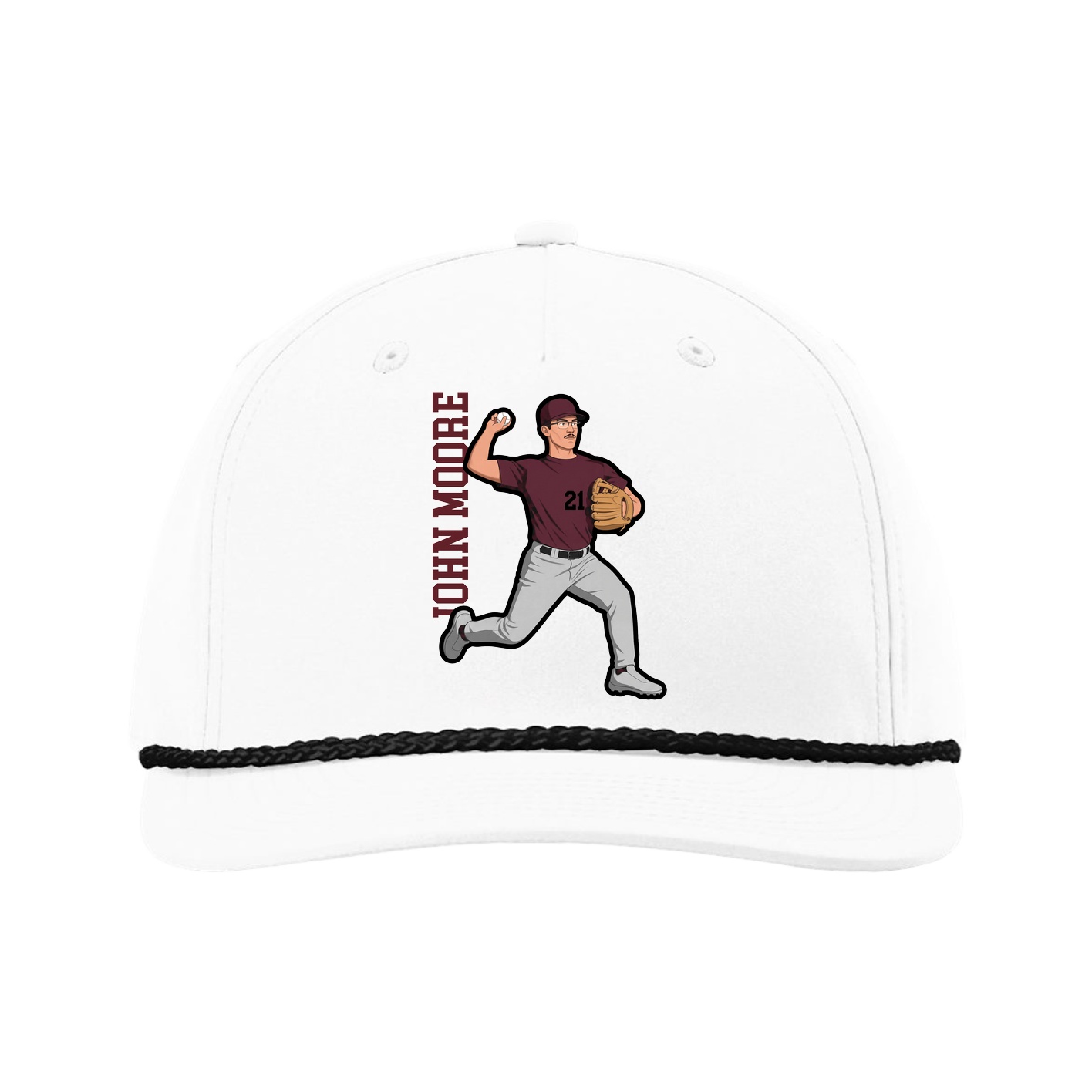 Five-Panel Classic Rope Cap — Name Vertical in White