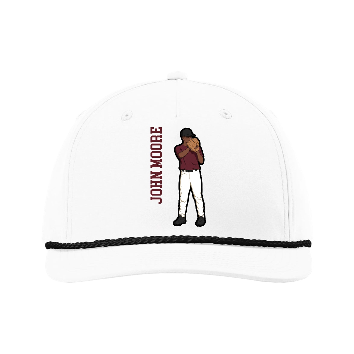 Five-Panel Classic Rope Cap — Name Vertical in White