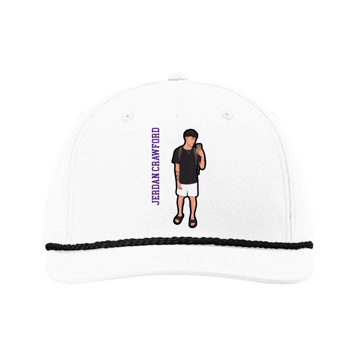 Five-Panel Classic Rope Cap — Name Vertical in White