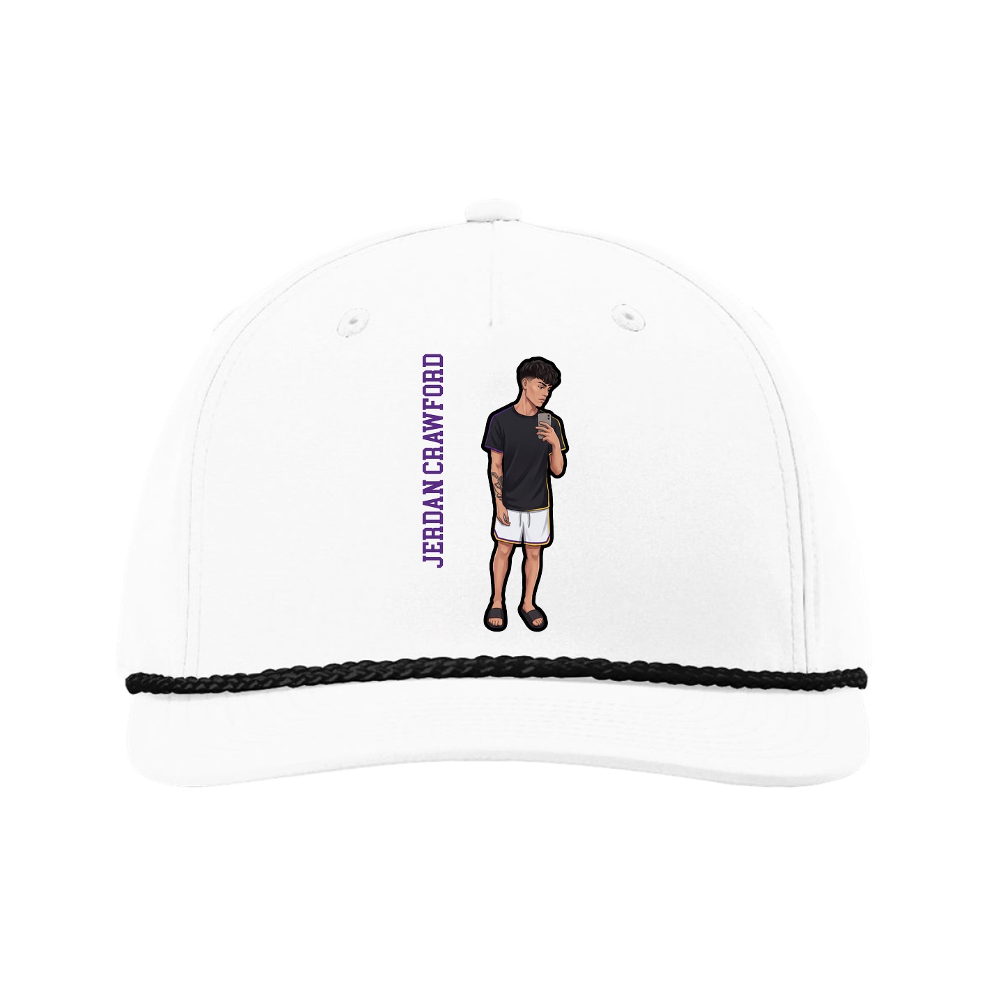 Five-Panel Classic Rope Cap — Name Vertical in White