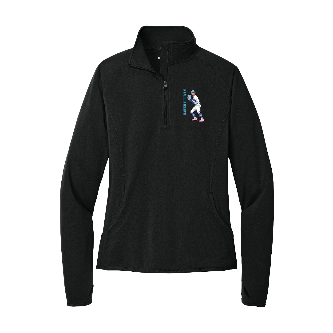 Women's Q-Zip Pullover — Name Vertical in Black