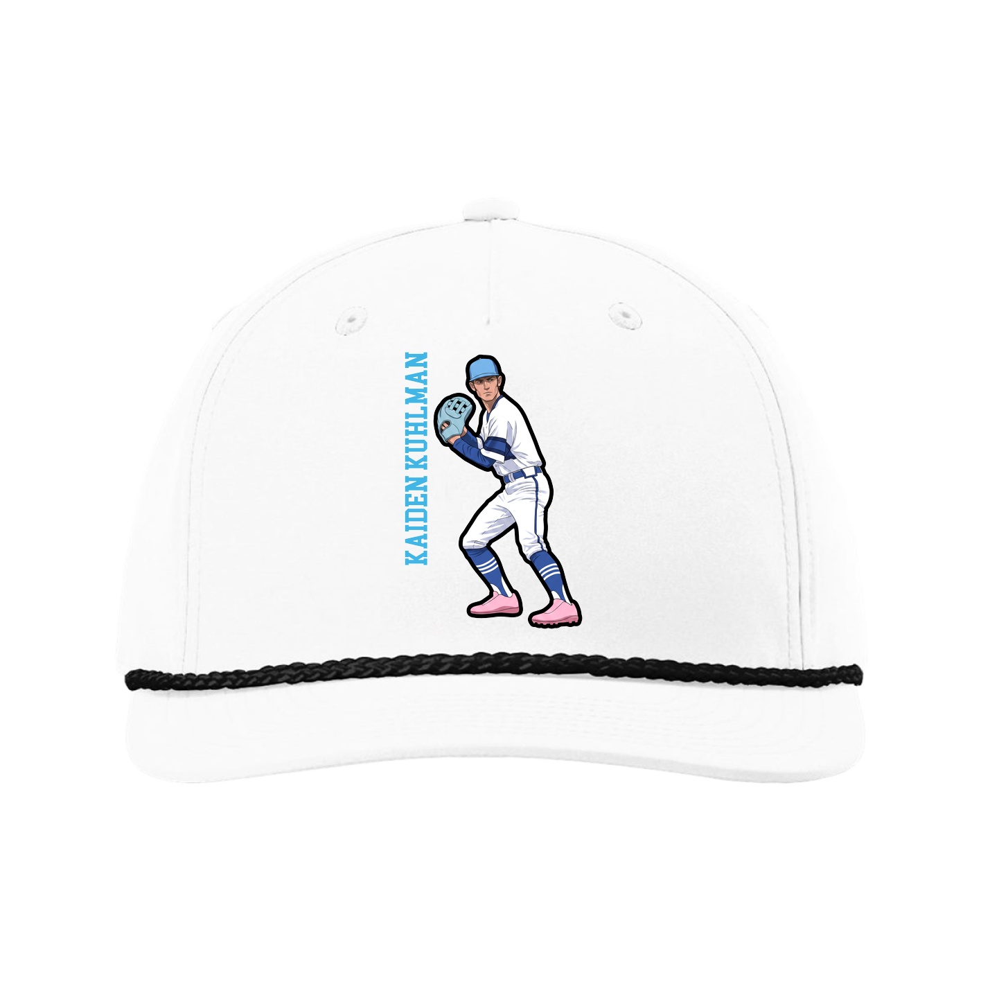 Five-Panel Classic Rope Cap — Name Vertical in White