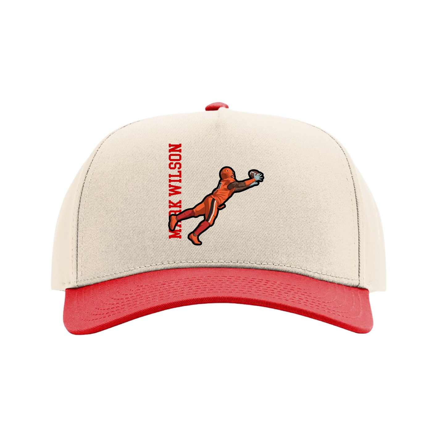 Full Fabric Five-Panel Champ Cap — Name Vertical in Cream/Red