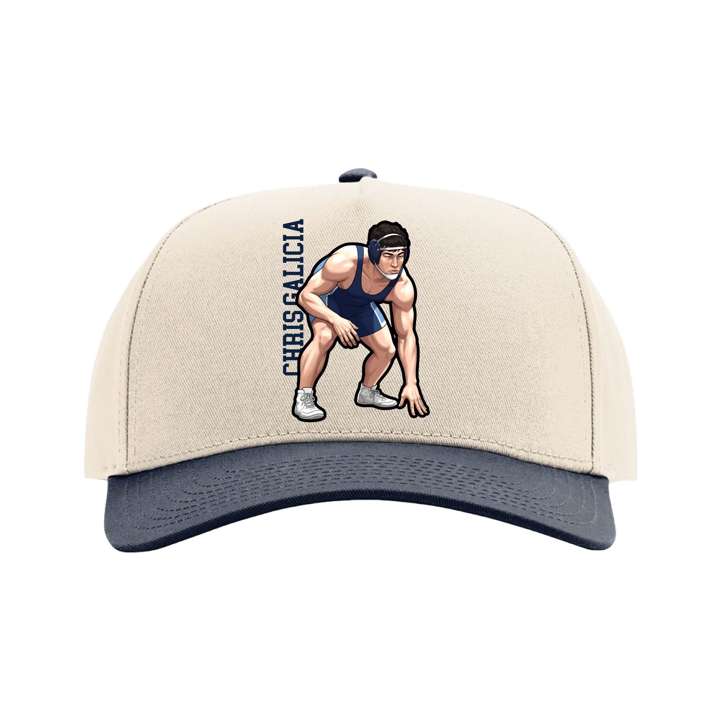 Full Fabric Five-Panel Champ Cap — Name Vertical in Cream/Navy