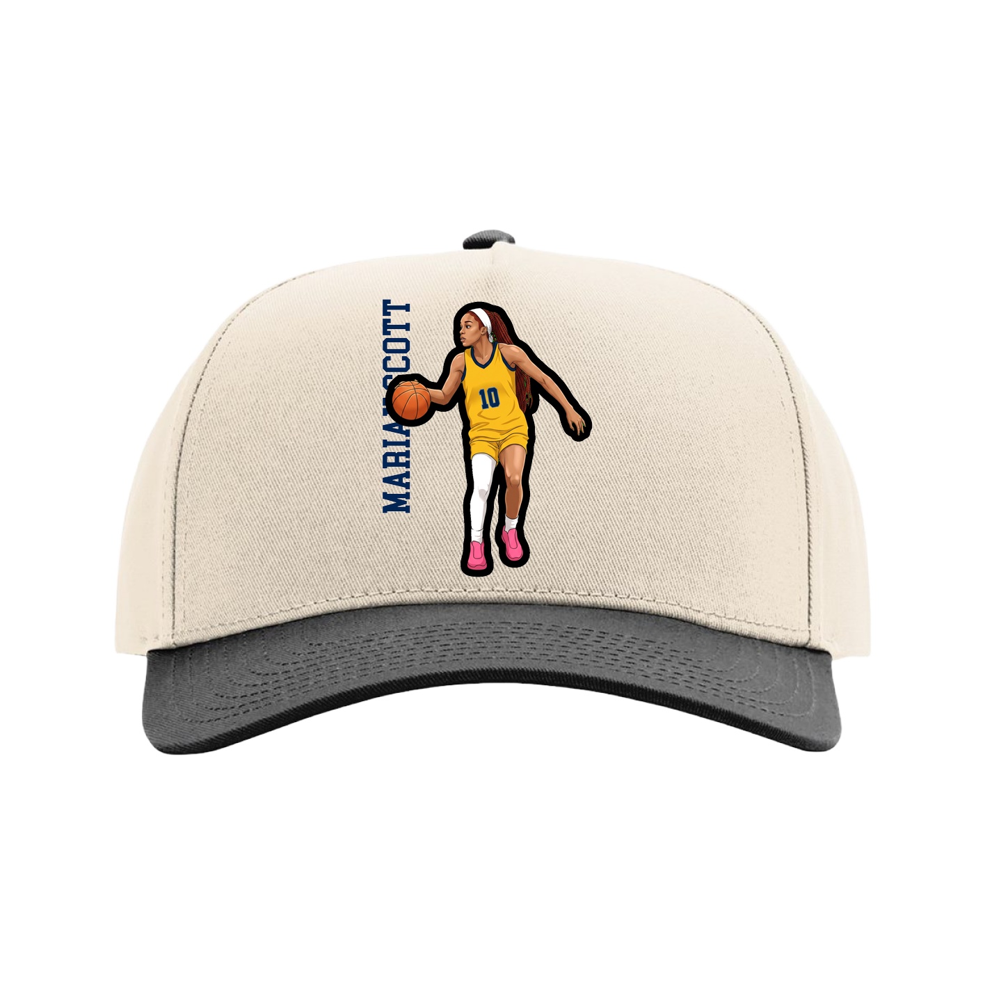 Full Fabric Five-Panel Champ Cap — Name Vertical in Cream/Black