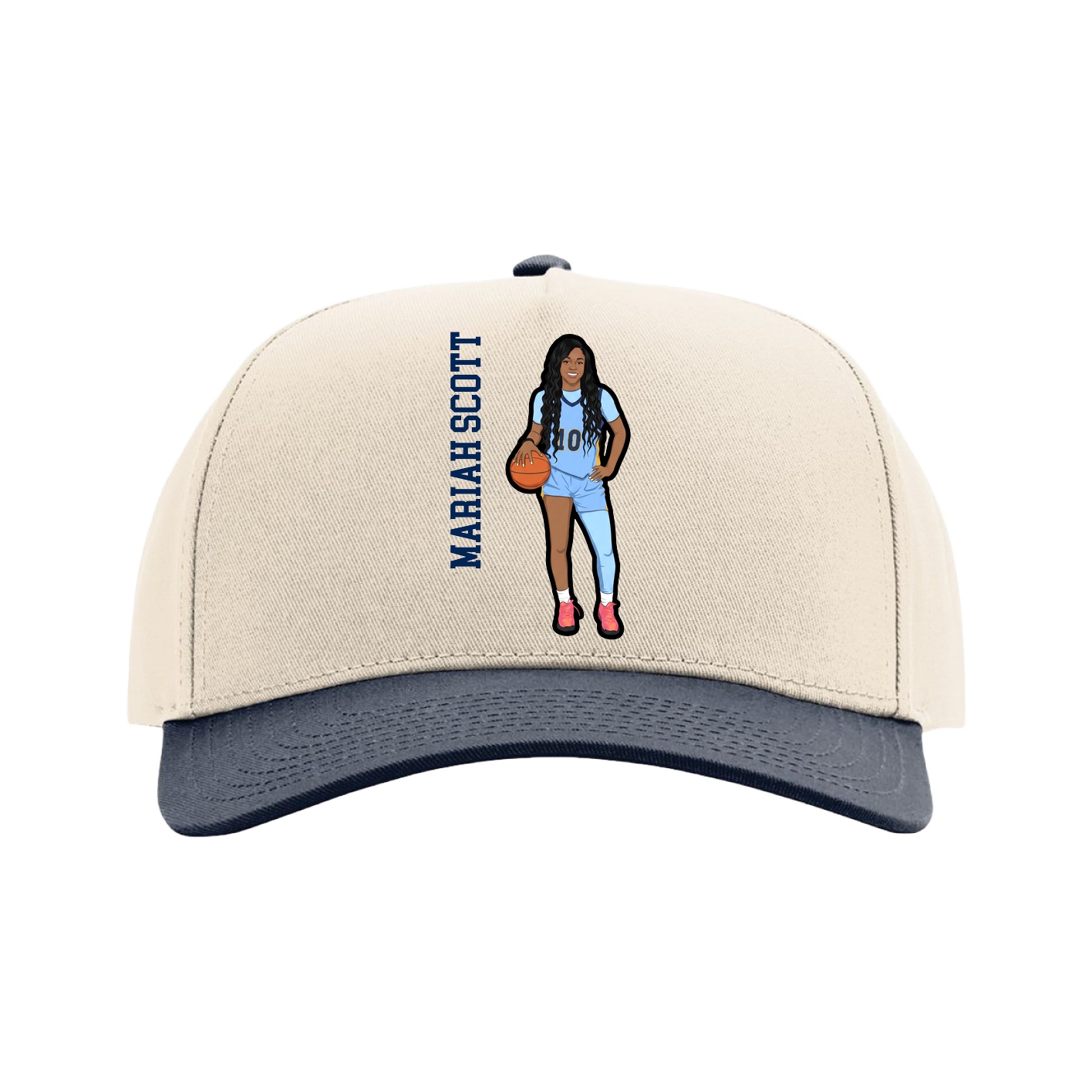 Full Fabric Five-Panel Champ Cap — Name Vertical in Cream/Navy