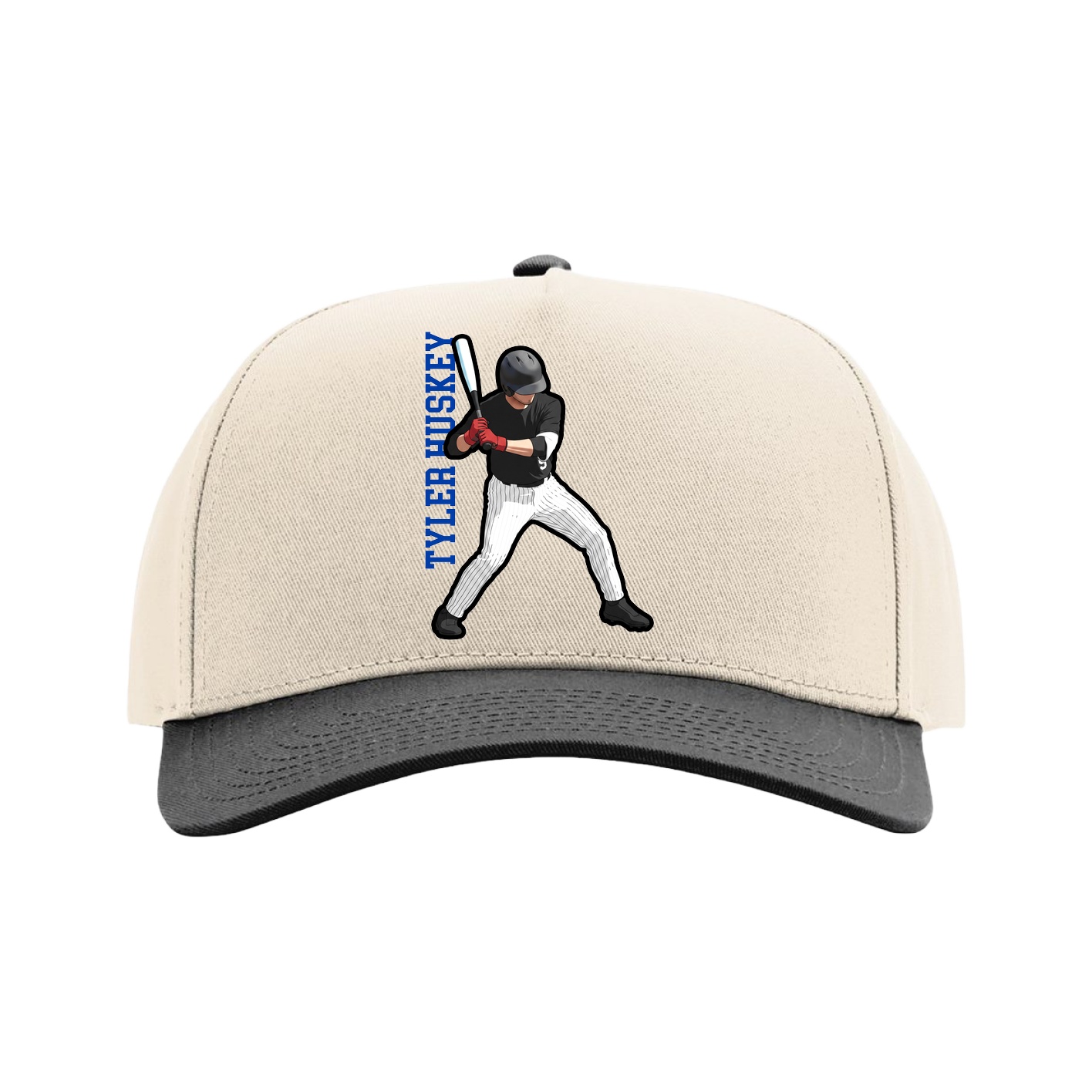 Full Fabric Five-Panel Champ Cap — Name Vertical in Cream/Black