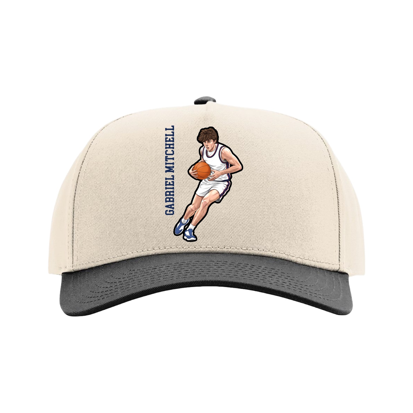 Full Fabric Five-Panel Champ Cap — Name Vertical in Cream/Black
