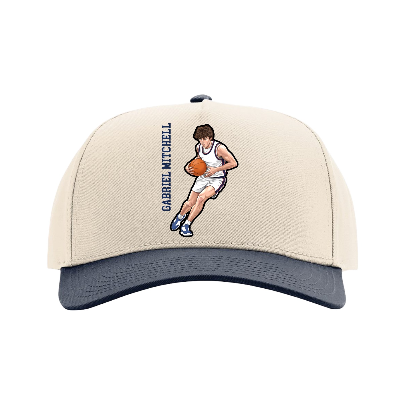 Full Fabric Five-Panel Champ Cap — Name Vertical in Cream/Navy