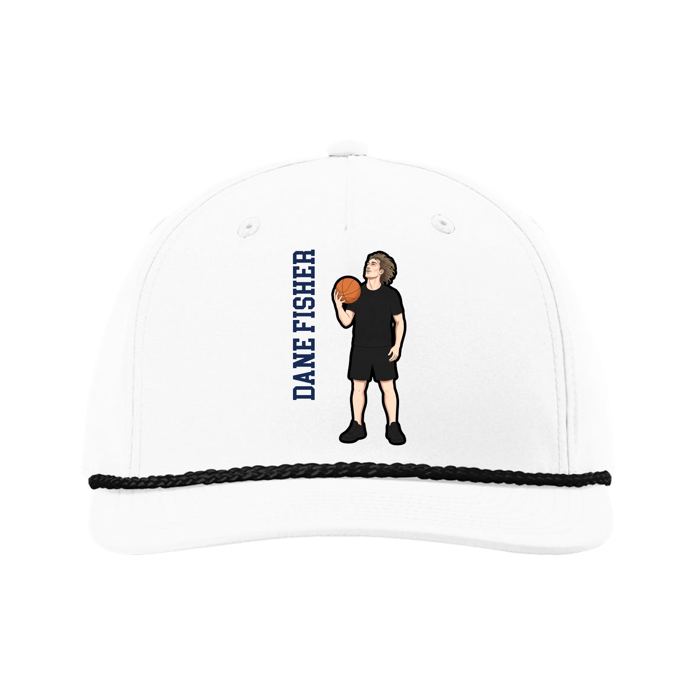 Five-Panel Classic Rope Cap — Name Vertical in White