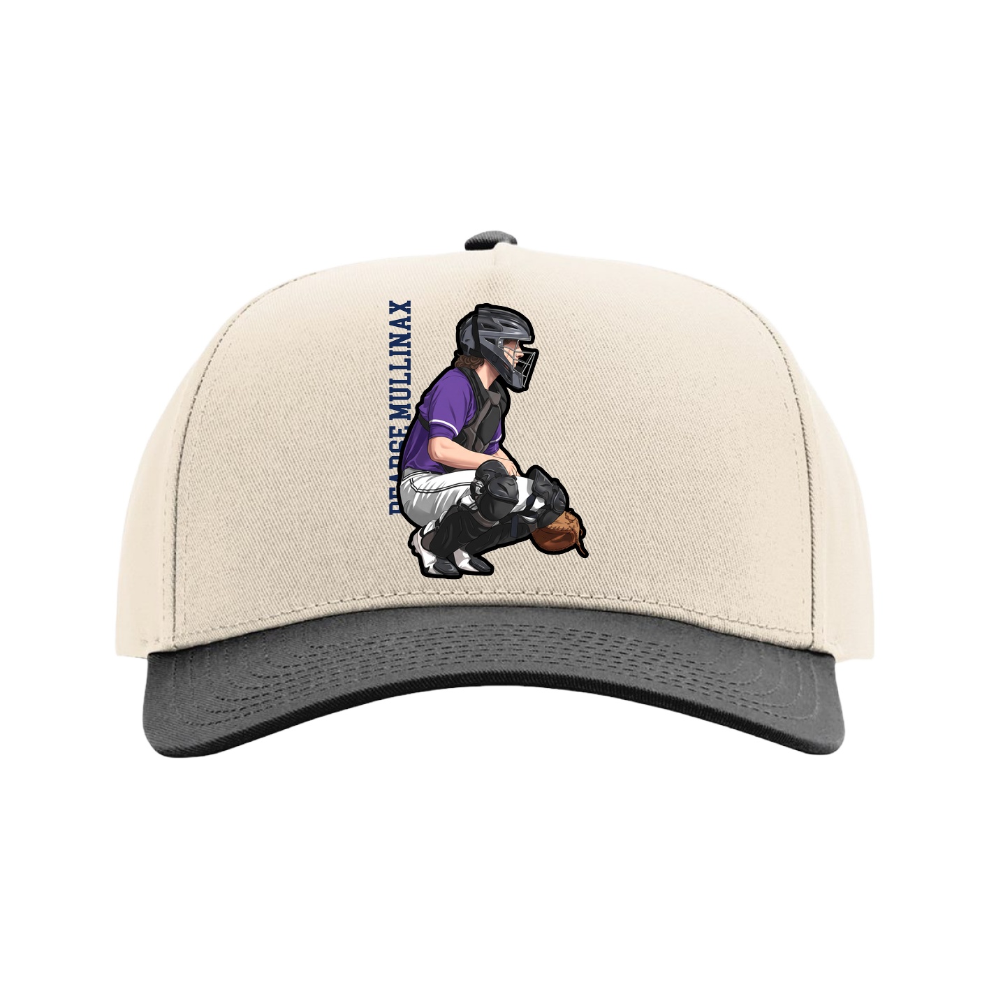 Full Fabric Five-Panel Champ Cap — Name Vertical in Cream/Black