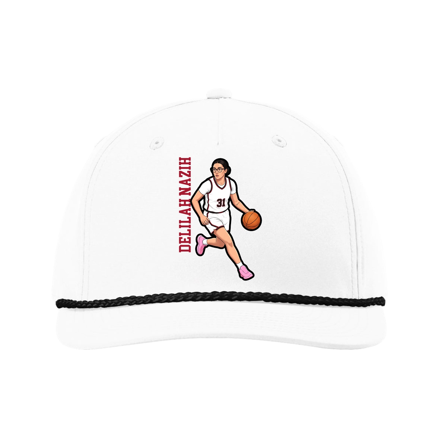 Five-Panel Classic Rope Cap — Name Vertical in White