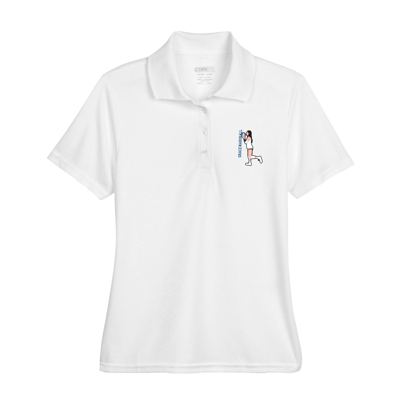 Womens Performance Polo — Name Vertical in White