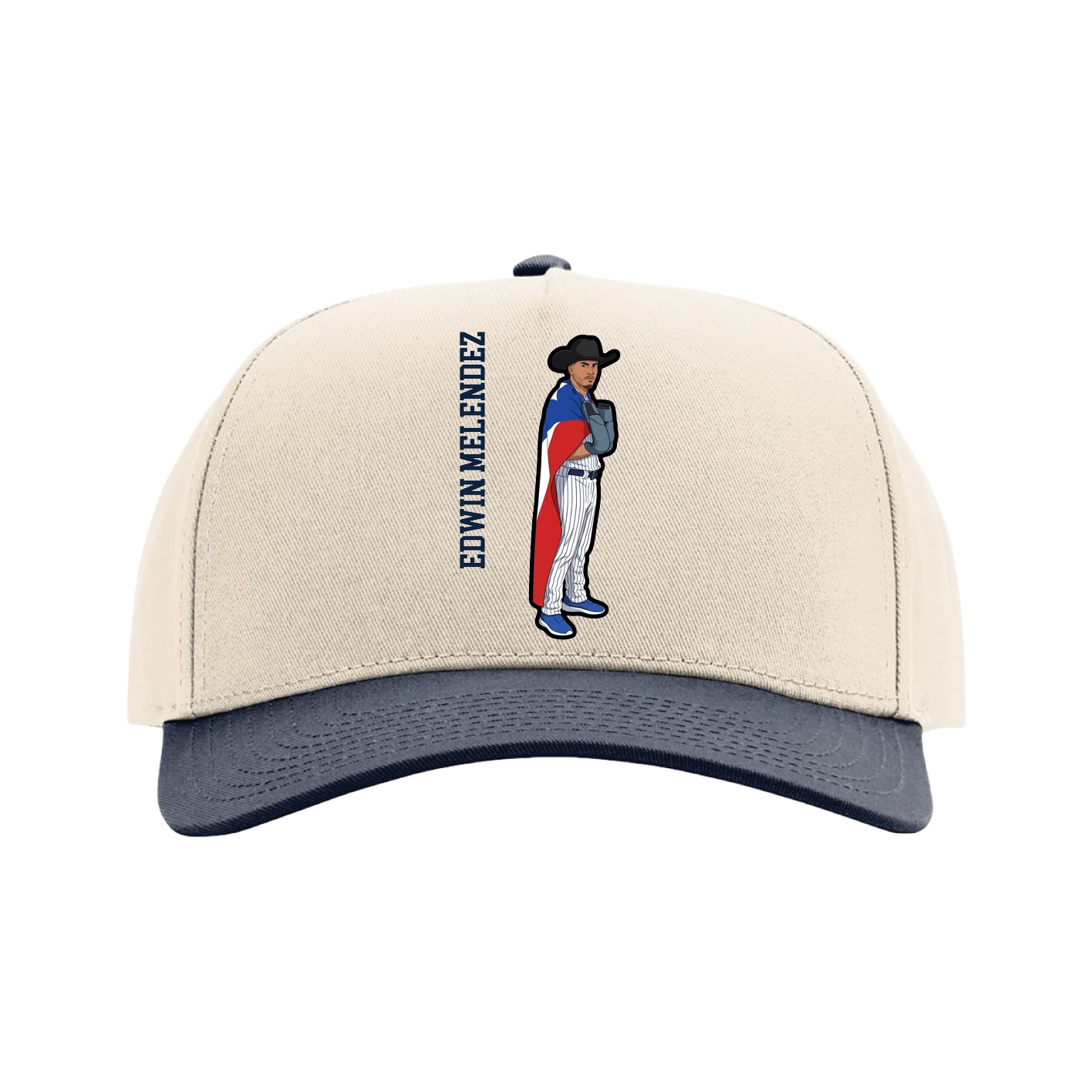 Full Fabric Five-Panel Champ Cap — Name Vertical in Cream/Navy