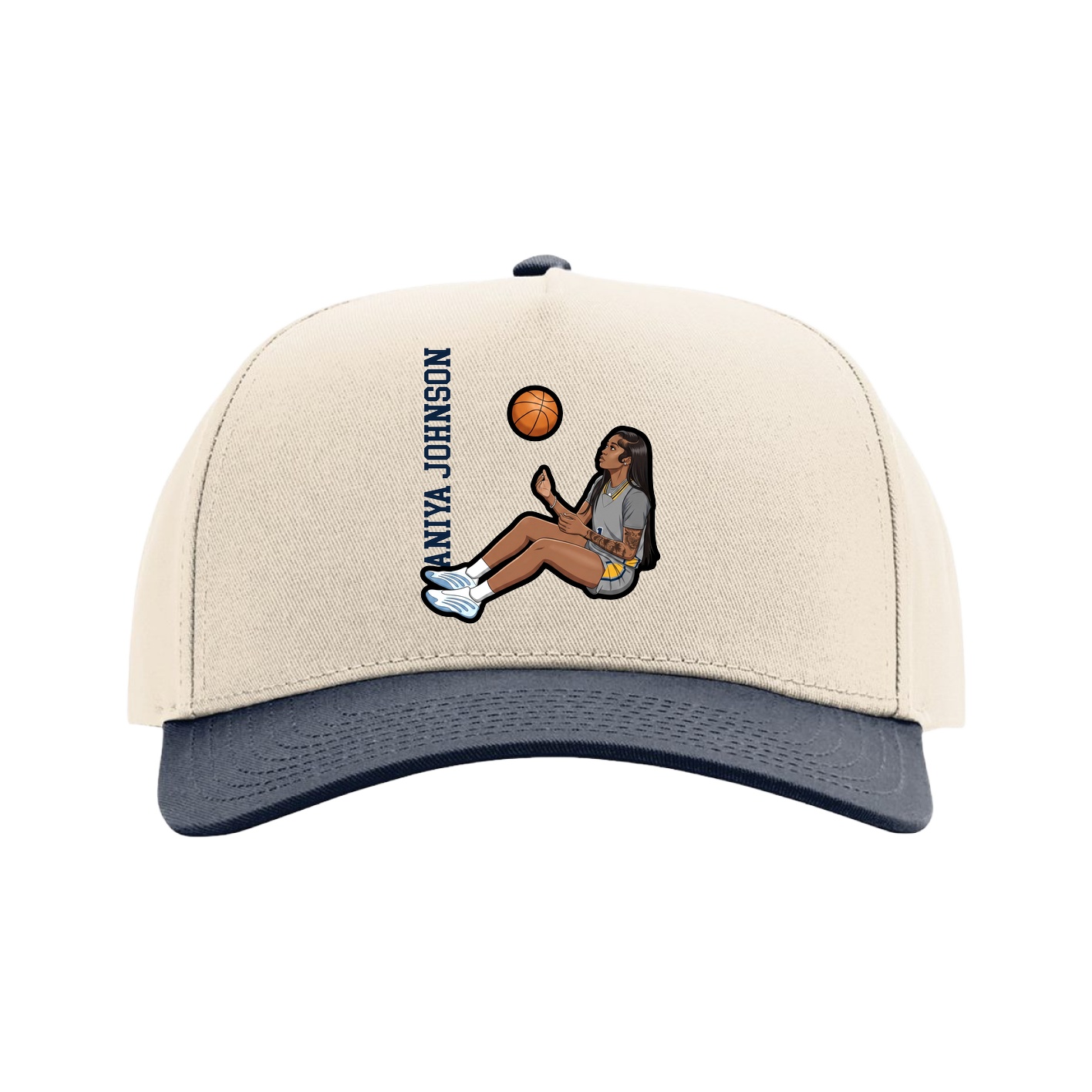 Full Fabric Five-Panel Champ Cap — Name Vertical in Cream/Navy