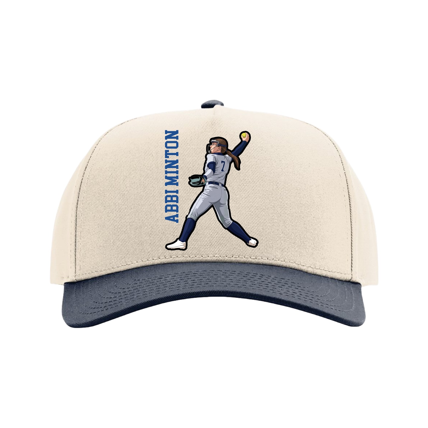 Full Fabric Five-Panel Champ Cap — Name Vertical in Cream/Navy