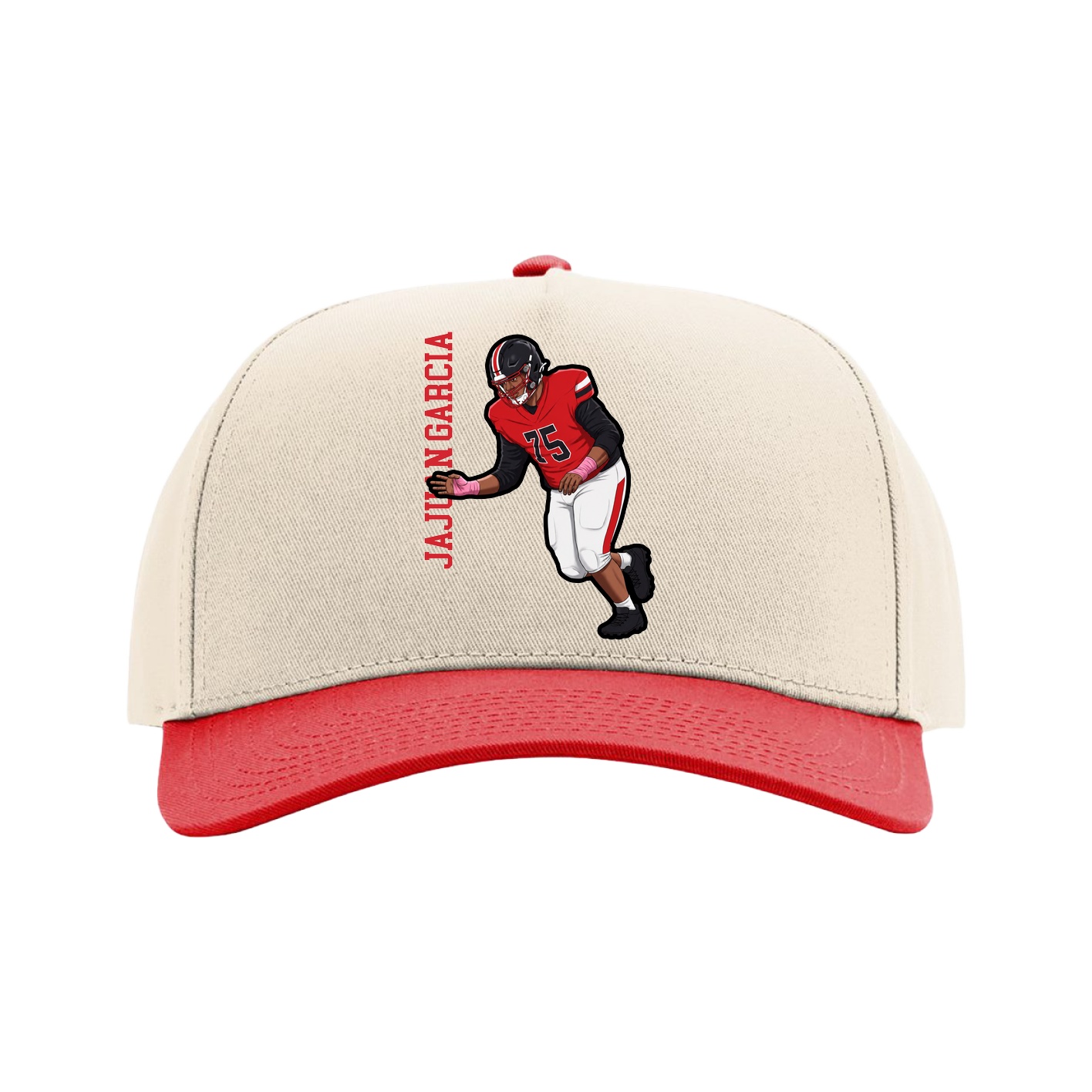 Full Fabric Five-Panel Champ Cap — Name Vertical in Cream/Red