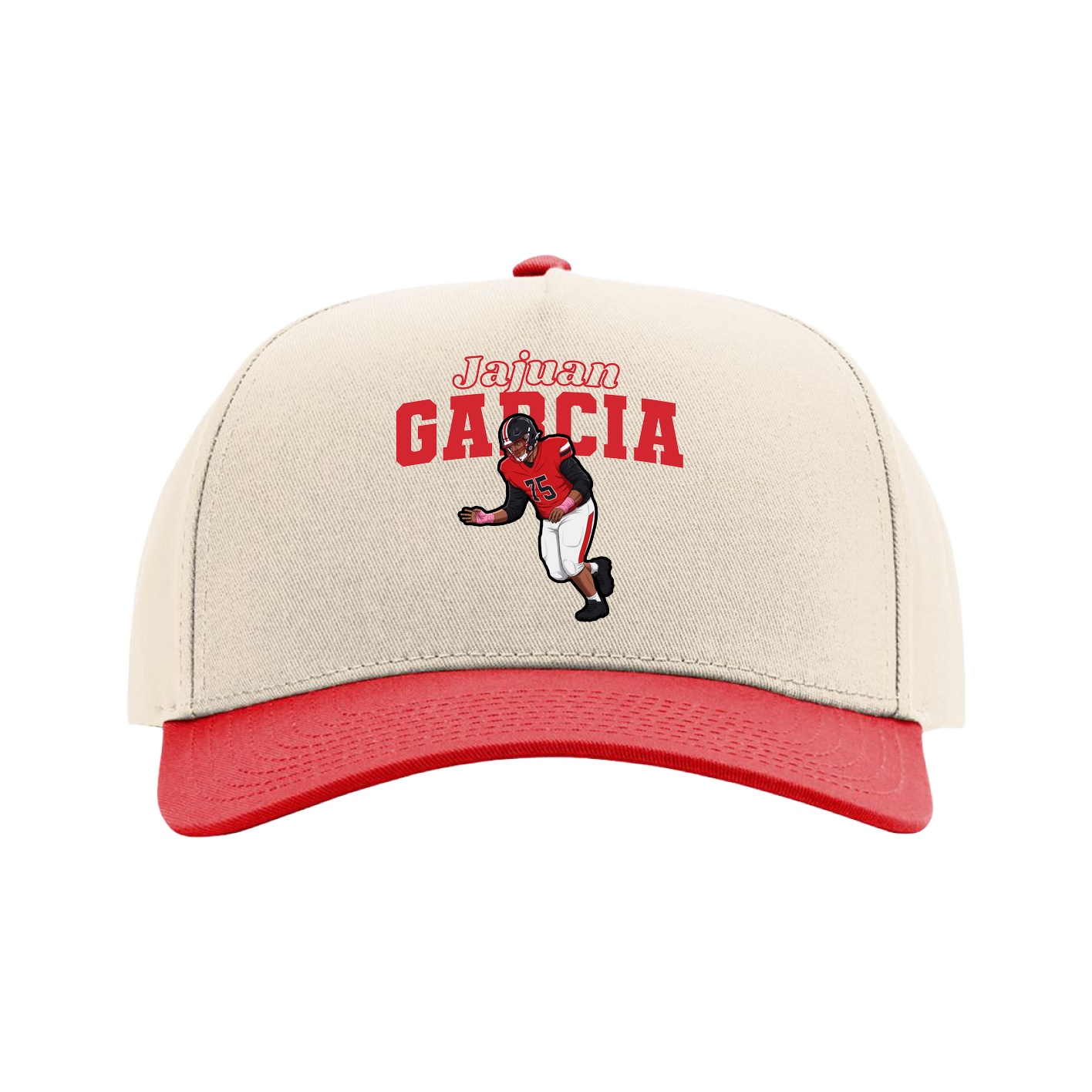 Full Fabric Five-Panel Champ Cap — Name Arch in Cream/Red