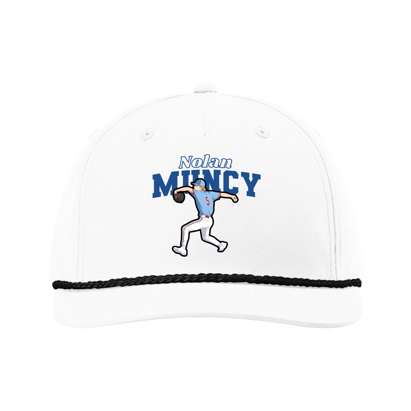 Five-Panel Classic Rope Cap — Name Arch in White