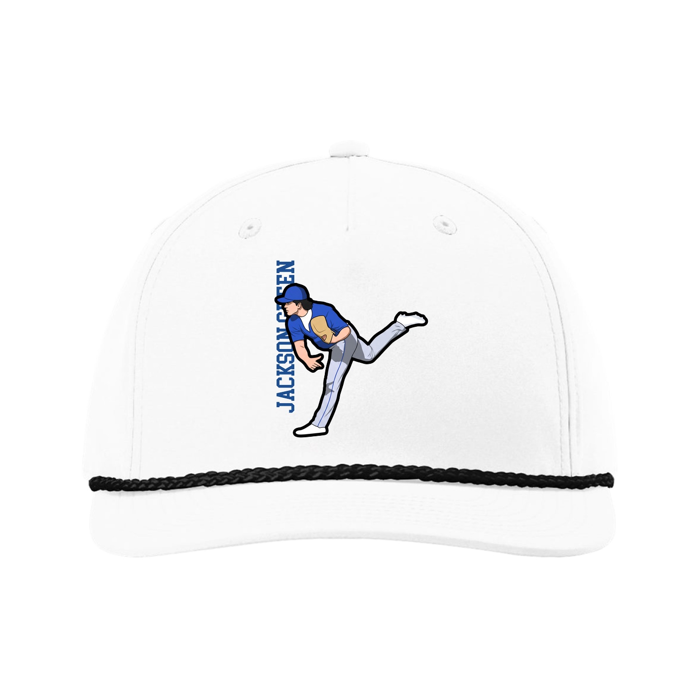 Five-Panel Classic Rope Cap — Name Vertical in White