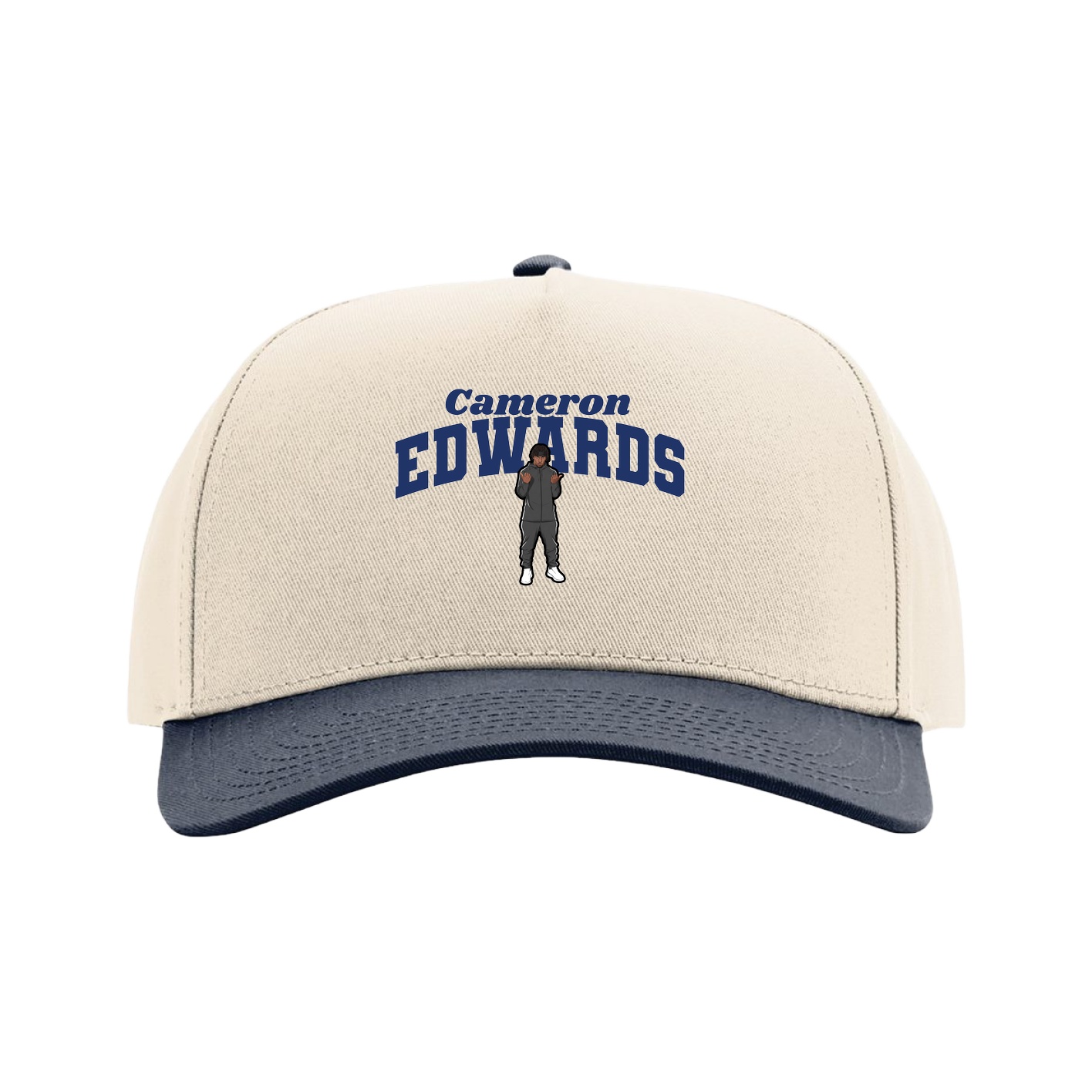 Full Fabric Five-Panel Champ Cap — Signature Arch in Cream/Navy