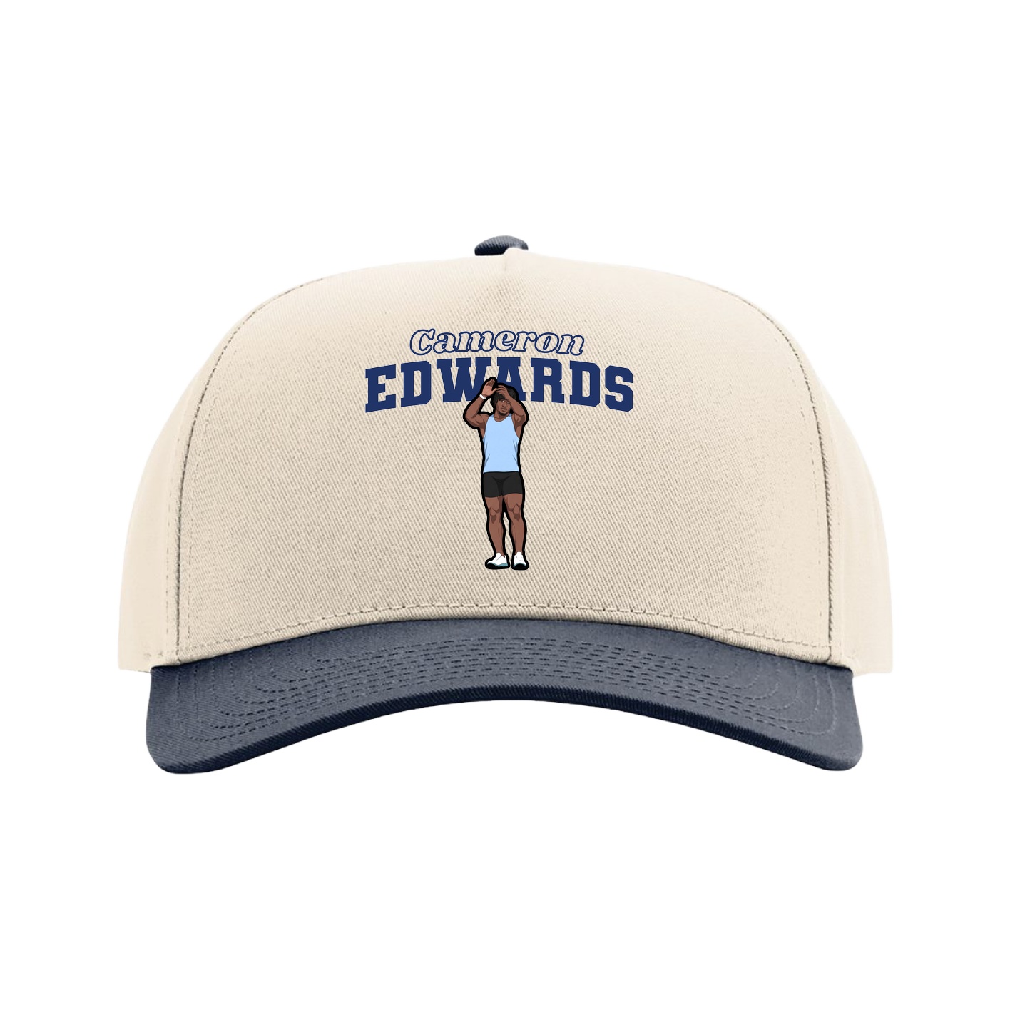 Full Fabric Five-Panel Champ Cap — Name Arch in Cream/Navy