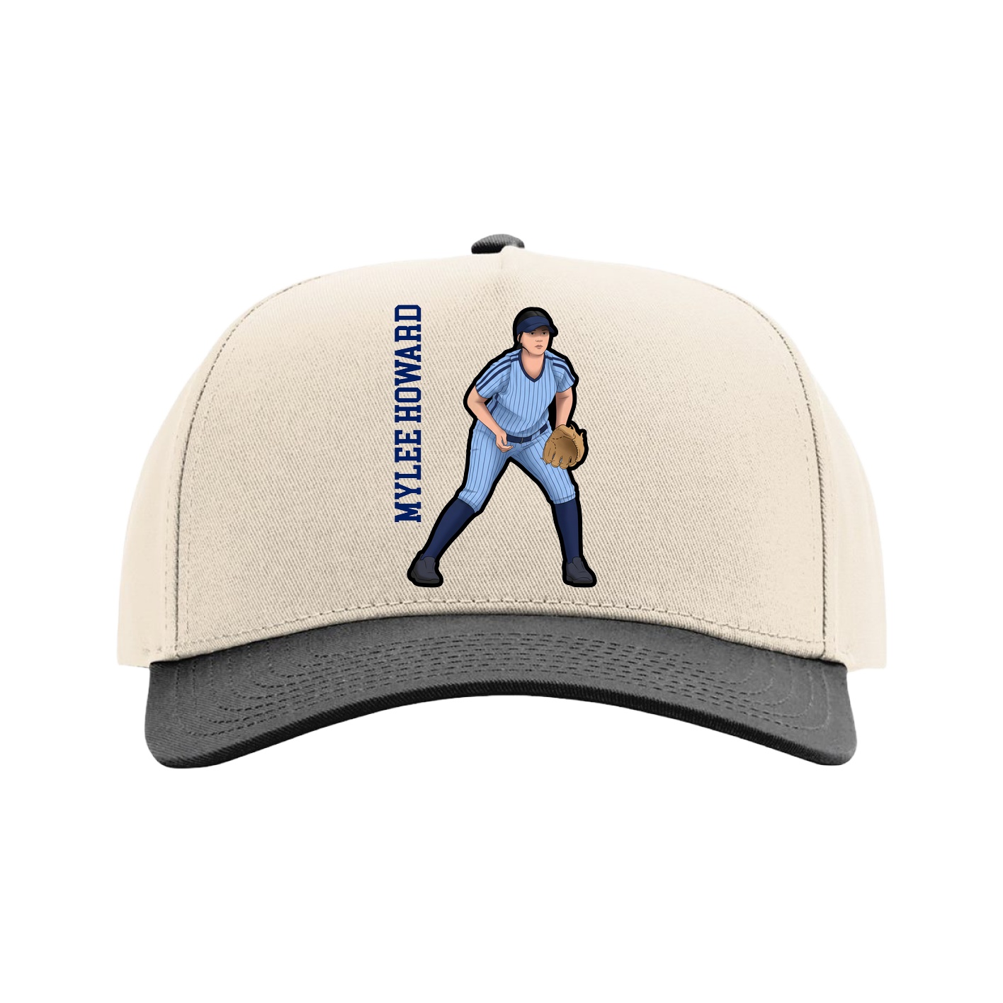 Full Fabric Five-Panel Champ Cap — Name Vertical in Cream/Black
