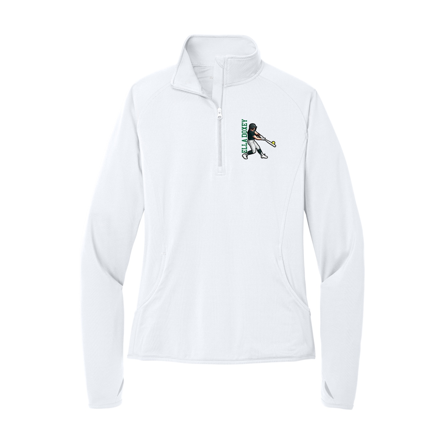 Women's Q-Zip Pullover — Name Vertical in White
