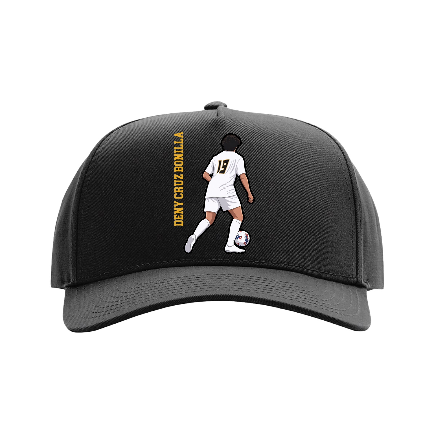 Full Fabric Five-Panel Champ Cap — Name Vertical in Black